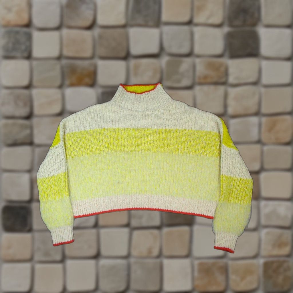 Free People VINTAGE Free People Sweater Womens Small Yellow Striped Chunky-Knit Crochet Mock Neck Long Sleeve Pullover Size S / US 4 / IT 40 - 1 Thumbnail