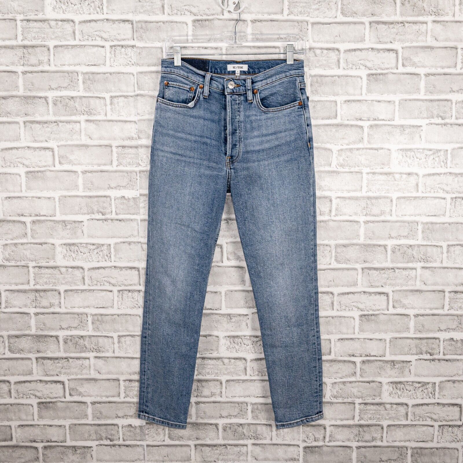 RE/DONE High Rise Ankle Crop Button Fly 28 Blue Distressed Pocket high quality Original