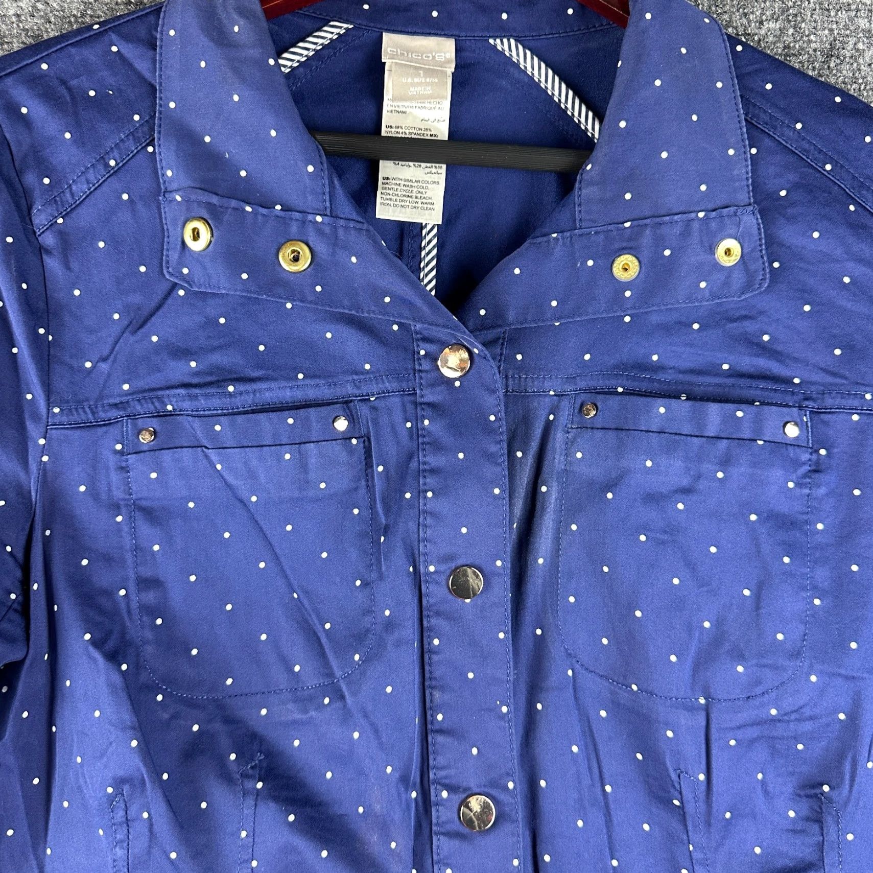 Vintage Chicos Jacket Womens 8 Snap Front Blue Polka Dot Stretch Pockets Shirt Womens Jacket Outfit Size M / US 6-8 / IT 42-44 - 4 Thumbnail