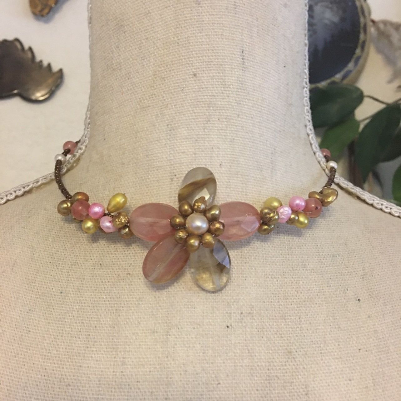 Handmade Handcrafted elegant cherry quartz genuine pearl necklace Size ONE SIZE - 1 Thumbnail