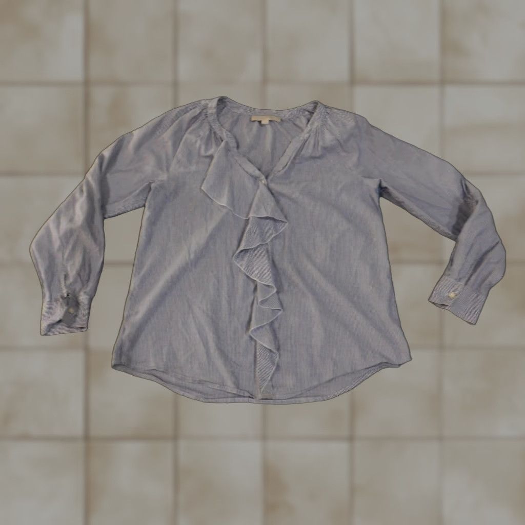 Loft LOFT Ann Taylor Shirt Blouse Womens Small Blue White Stripe V-Neck Long Sleeve Raglan Sleeve, 100% Cotton, Ruffle Accents, Button Cuffs, Curved Hem Size S / US 4 / IT 40 - 1 Thumbnail