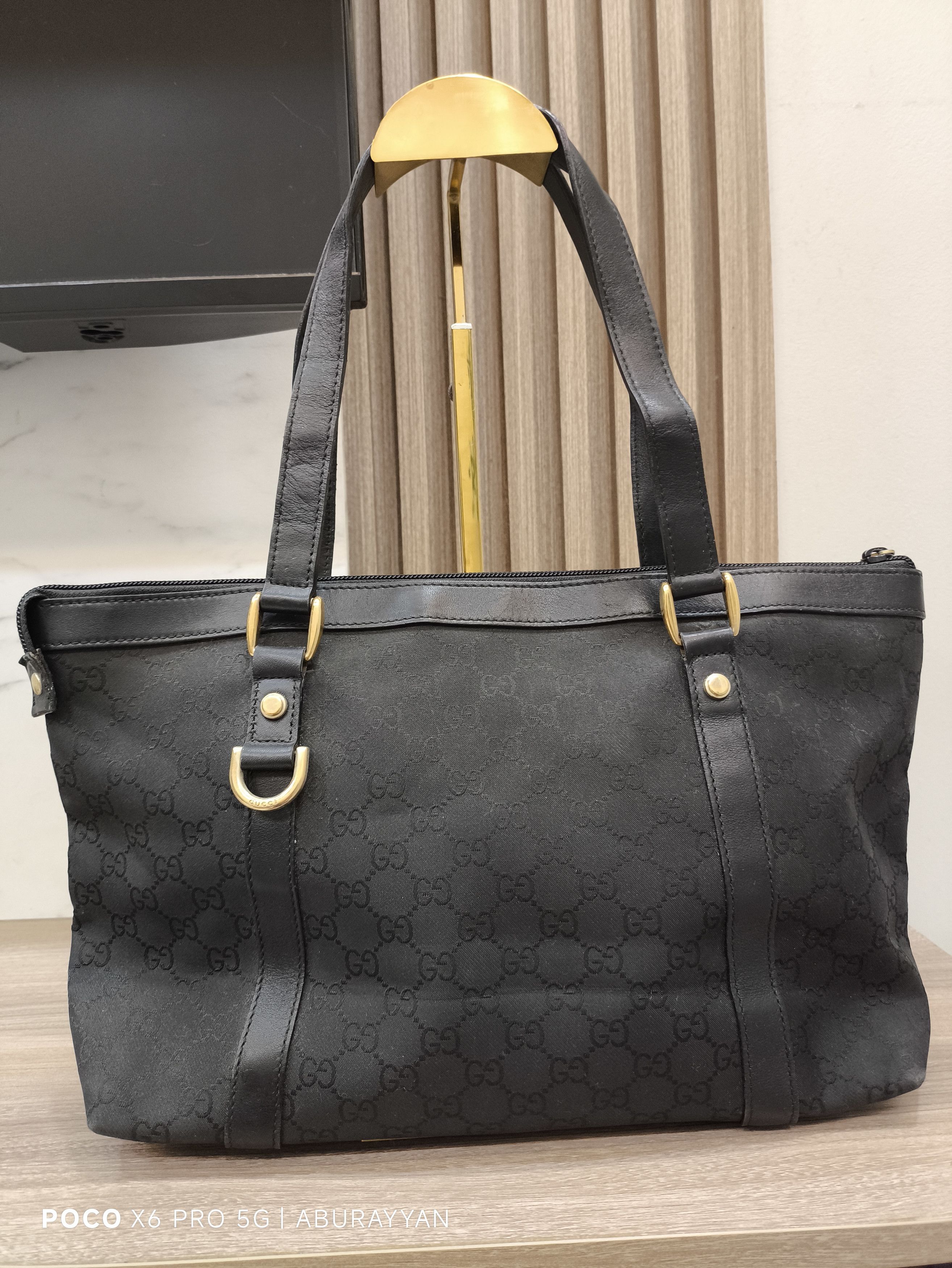 Gucci Gucci Black GG Canvas Leather Medium Tote Bag Size ONE SIZE - 4 Thumbnail
