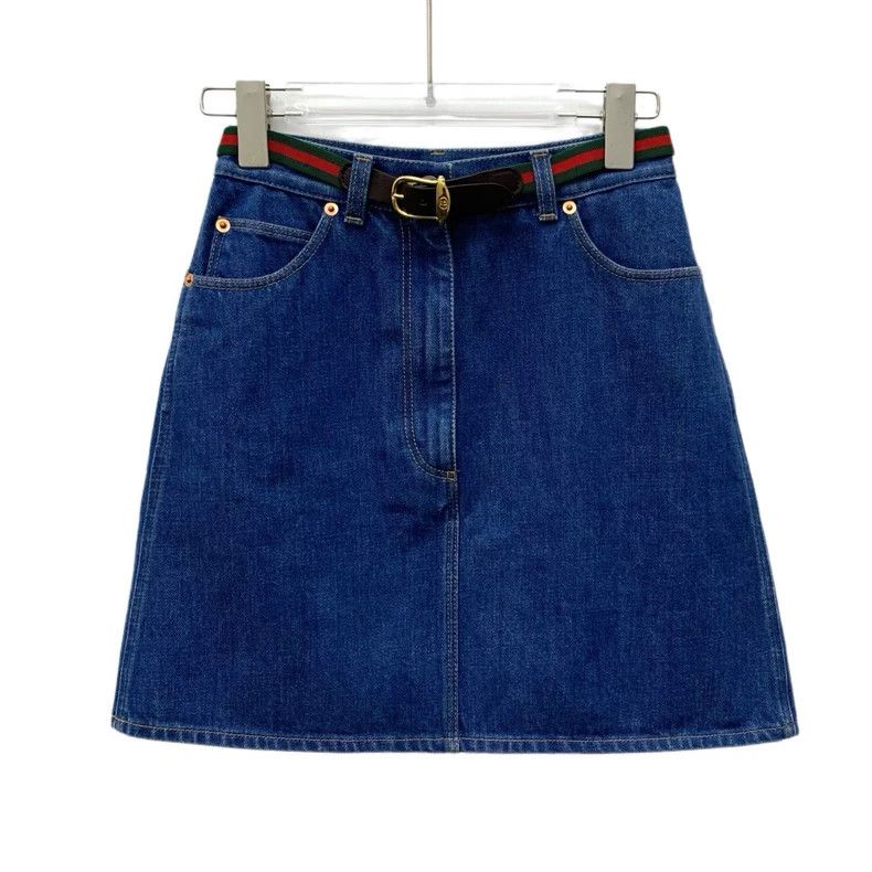 Gucci Gucci Blue cotton striped webbing belt denim skirt short sk Size 24" / US 00 / IT 34 - 1 Thumbnail