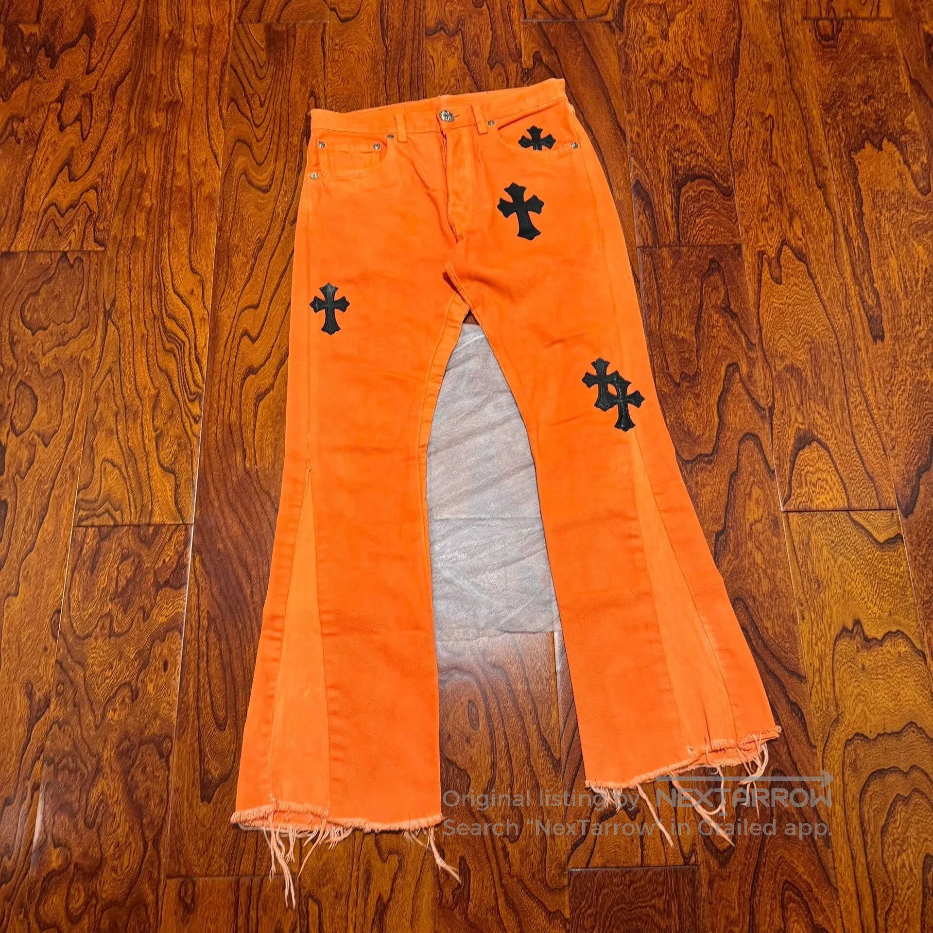 Chrome Hearts orange flared jeans with black crosses. Size 28" / US 6 / IT 42 - 1 Thumbnail