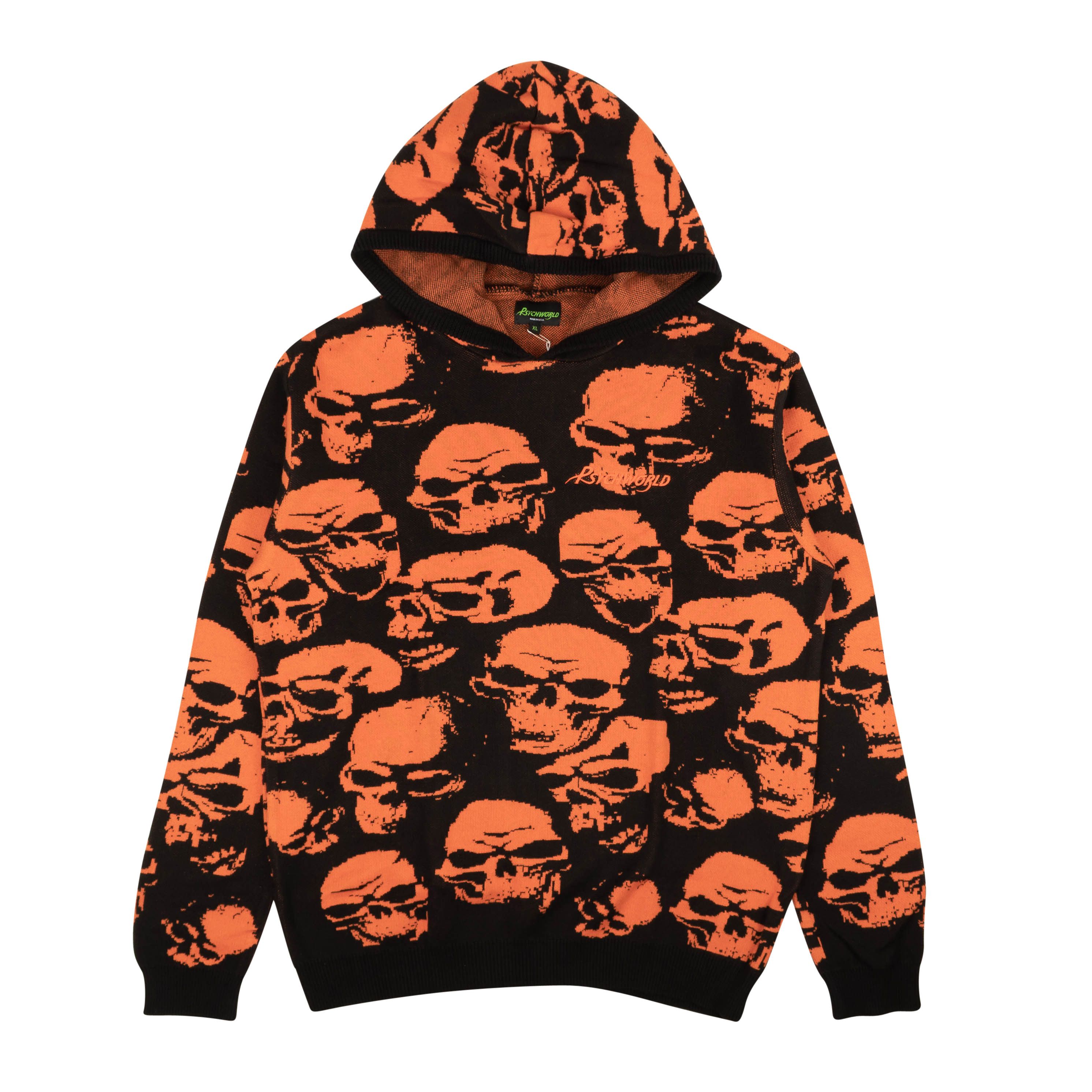 image of Psychworld Orange Knit Skull Hoodie Sweatshirt Size S, Men's