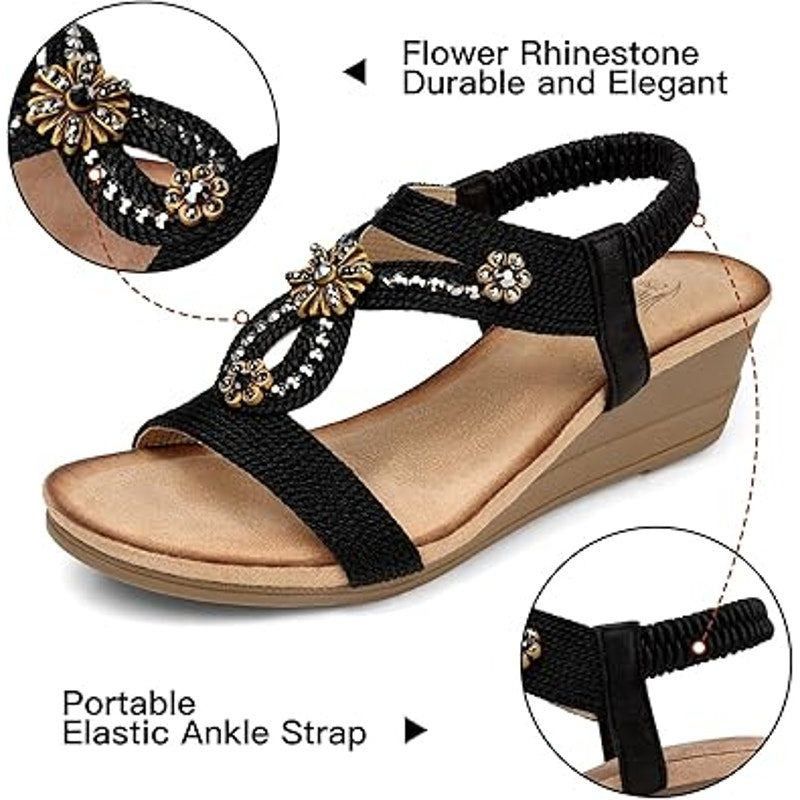 Other Shibever Women's 8.5 Black Tan Beaded Wedge Sandals Size US 8.5 / IT 38.5 - 2 Thumbnail