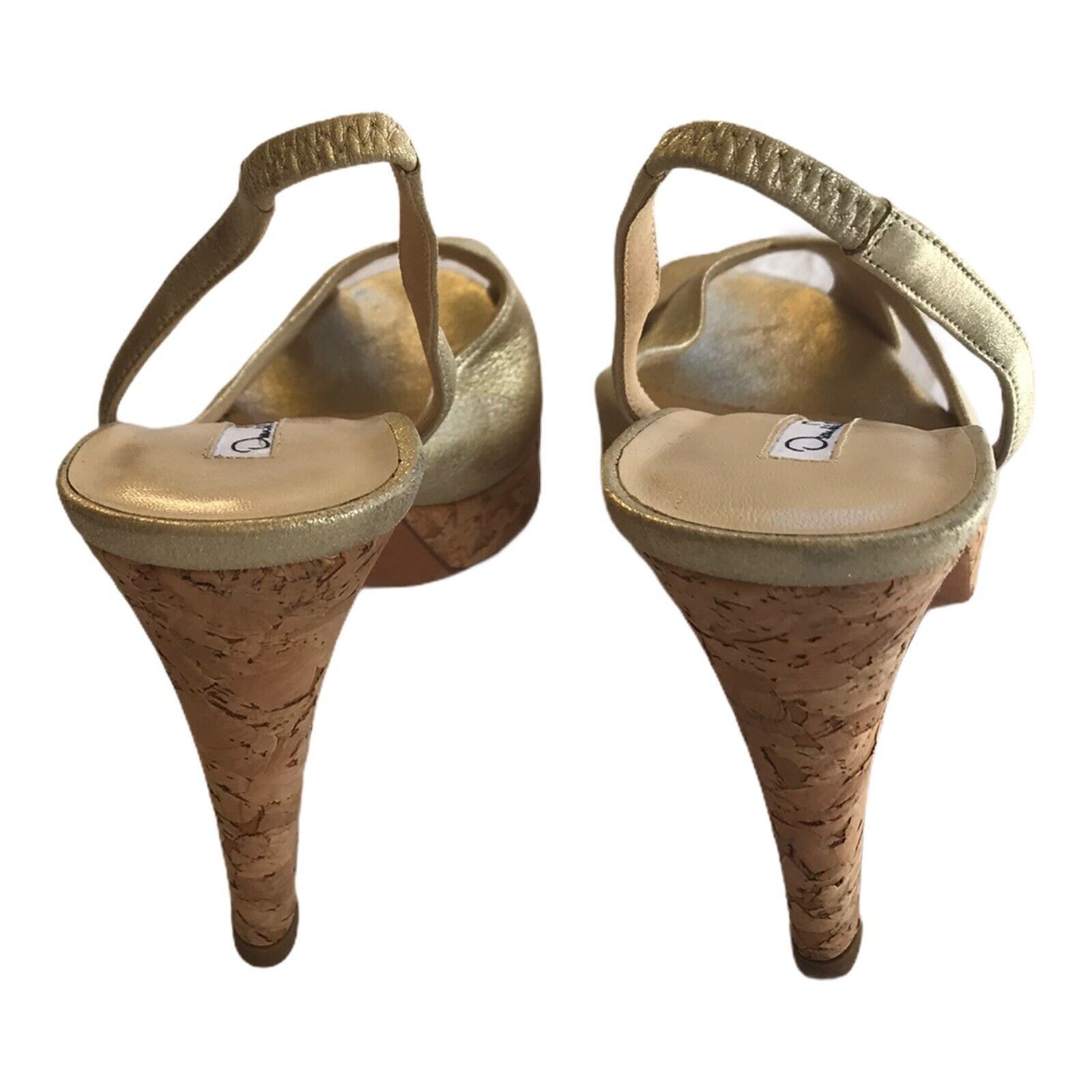 Oscar De La Renta Oscar de la Renta Metallic Gold Leather Peep Toe Cork High Size US 8.5 / IT 38.5 - 3 Thumbnail