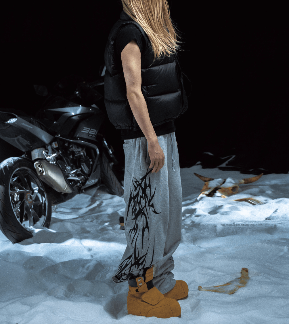 Y2K Grey patchwork totem embroidery Straight Baggy Pants