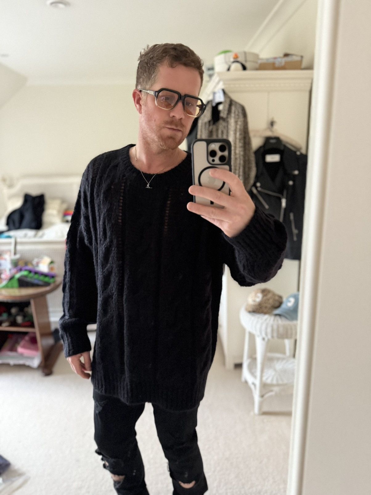 Celine $1.4k Celine black boxy Aran sweater mohair Fishermans Cable Size US XL / EU 56 / 4 - 1 Thumbnail