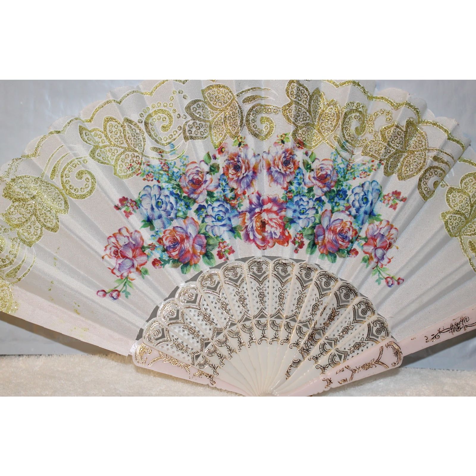 Vintage SMALL HAND FAN WITH FLOWERS - 16 INCHES WHITE - UNBRANDED - WOMENS Size ONE SIZE - 2 Thumbnail