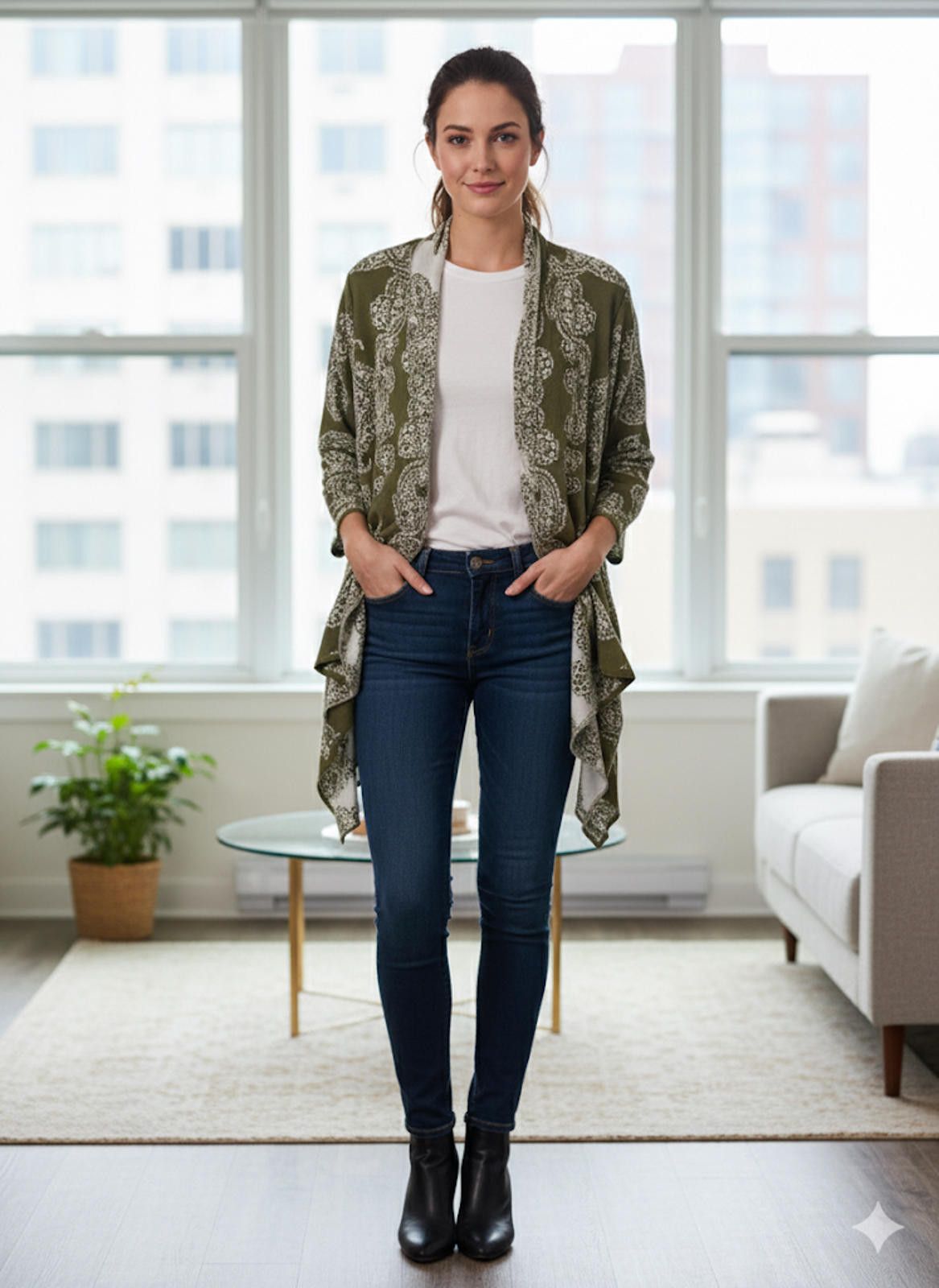 Other New York & Company Women's Olive Green Patterned Cardigan XS Size XS / US 0-2 / IT 36-38 - 1 Thumbnail