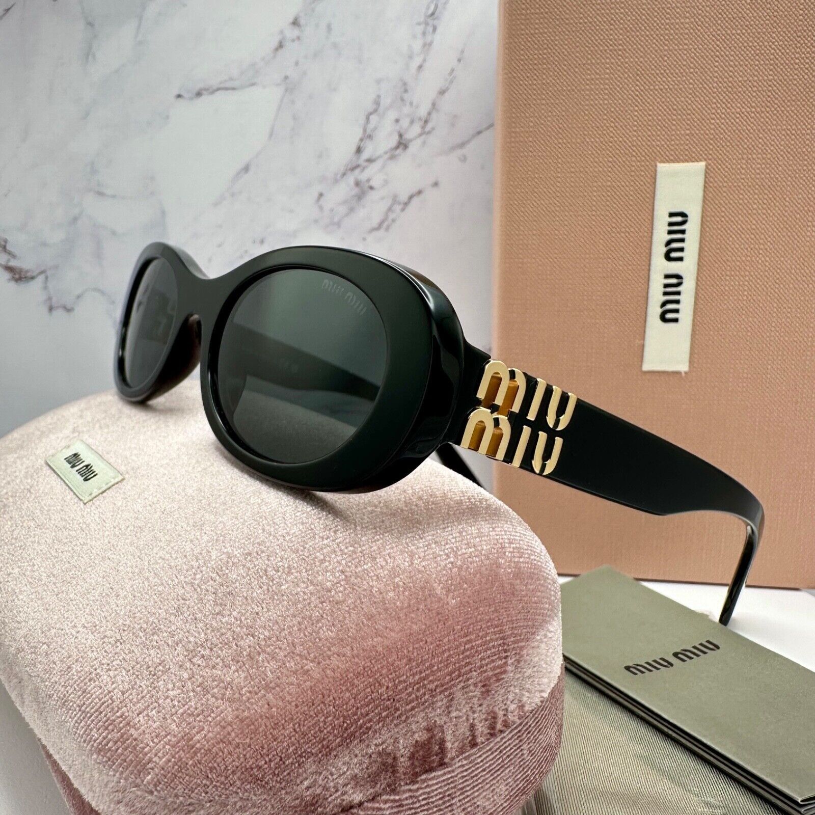 Miu Miu MIU MIU Sunglasses New Black Oval Gold Metal Logo Authentic Size ONE SIZE - 14 Thumbnail