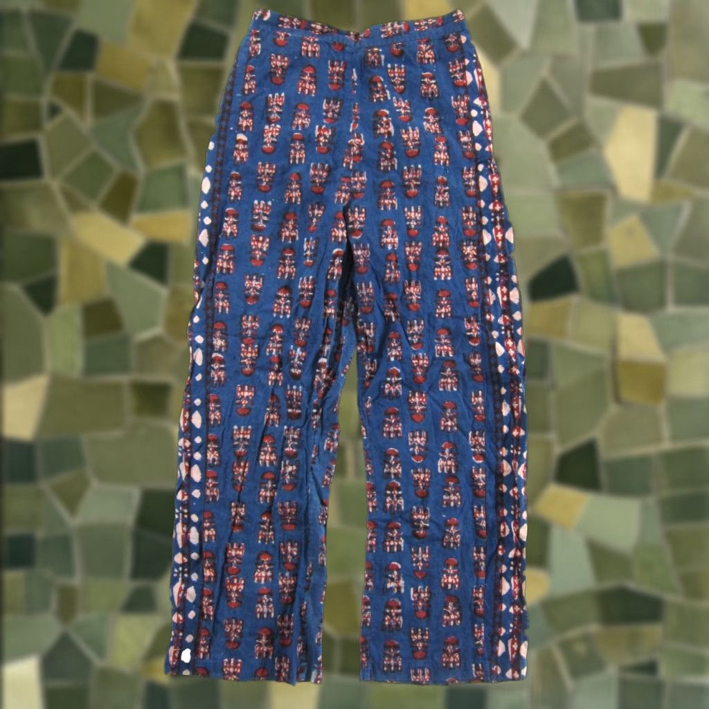 Vintage Fabindia 100% Cotton Blue Red High Rise Waist Wide Leg Hippie Pant Woman XS Size 26" / US 2 / IT 38 - 1 Thumbnail