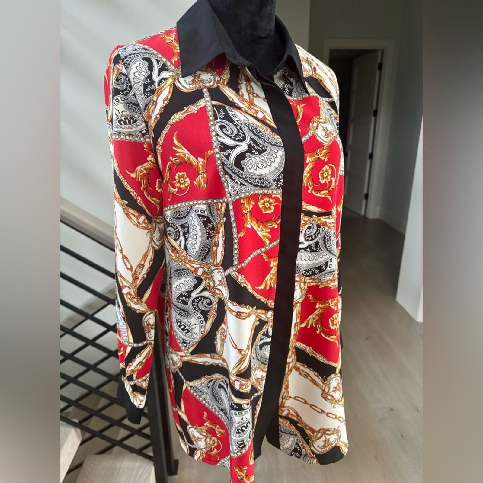 Other New Y2K Vintage Baroque Red and Black Paisley Print Blouse Size S / US 4 / IT 40 - 2 Thumbnail