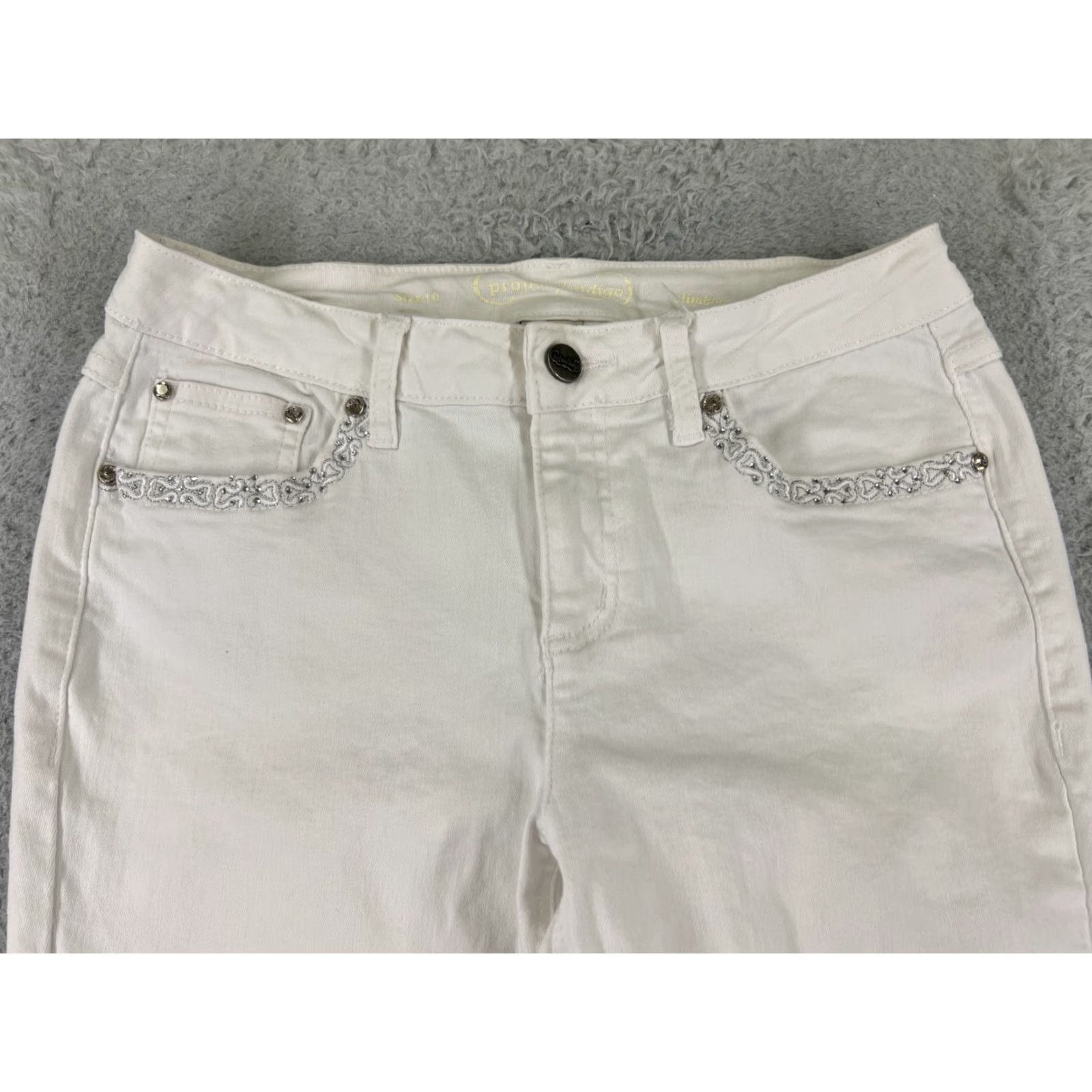 Denime Project Indigo Jeans Womens 10 White Denim Bootcut 27x27 Slim Embroidered Pockets Distressed 5-Pocket Style Regular Size 32" / US 10 / IT 46 - 4 Thumbnail