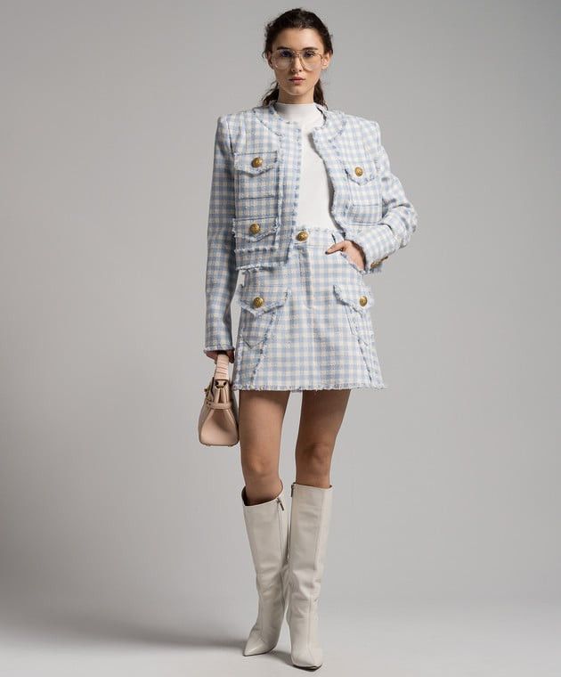 Balmain o1s1wg110825 Checkered Tweed Skirt in Blue/White Size 27" / US 4 / IT 40 - 2 Thumbnail