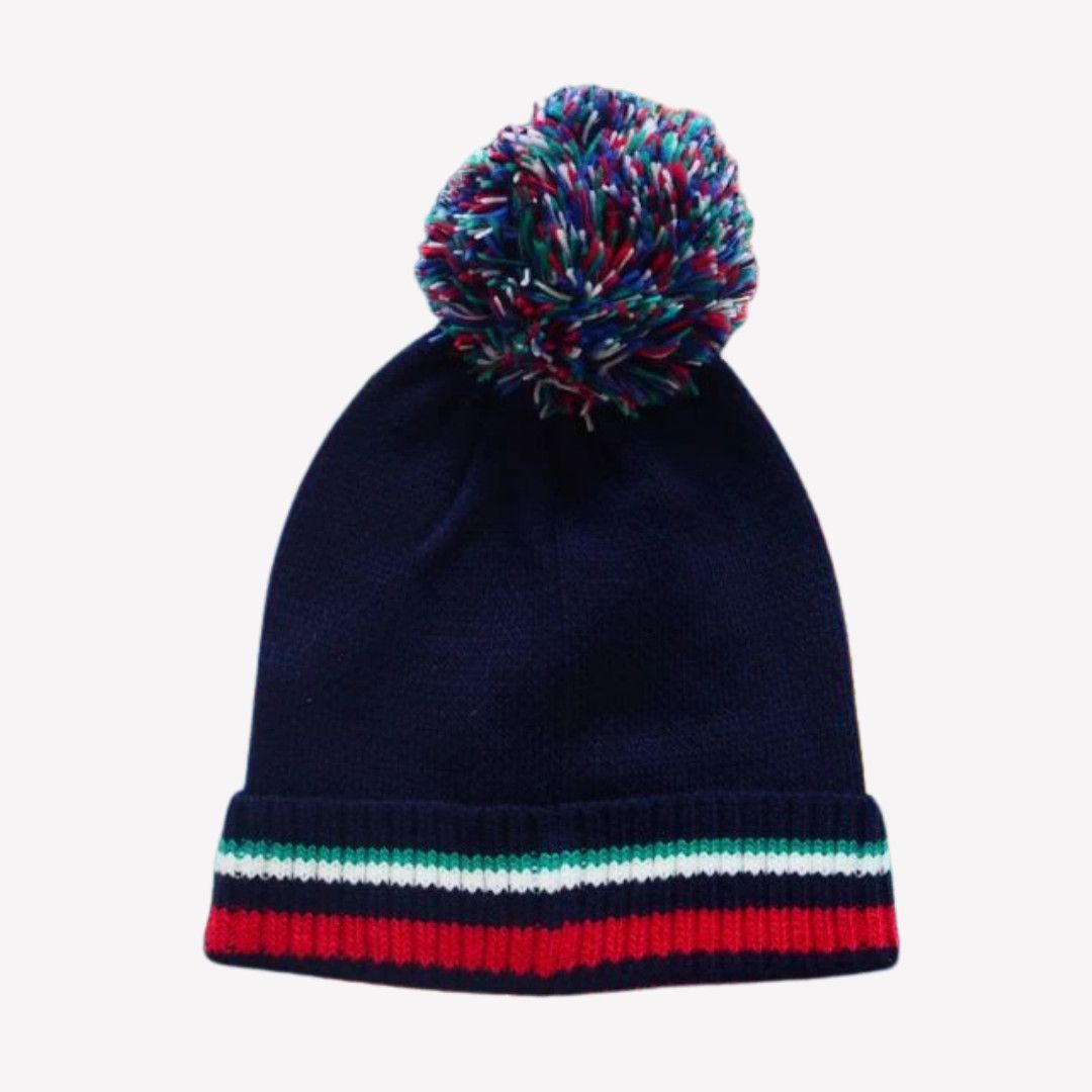 Esprit ESPRIT Navy Winter Beanie Hat w/ Pom Pom & Fun Embroidery Size ONE SIZE - 4 Thumbnail
