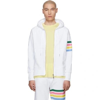 image of Thom Browne Rainbow Striped Zip Up Hoodie in White, Men's (Size Medium)