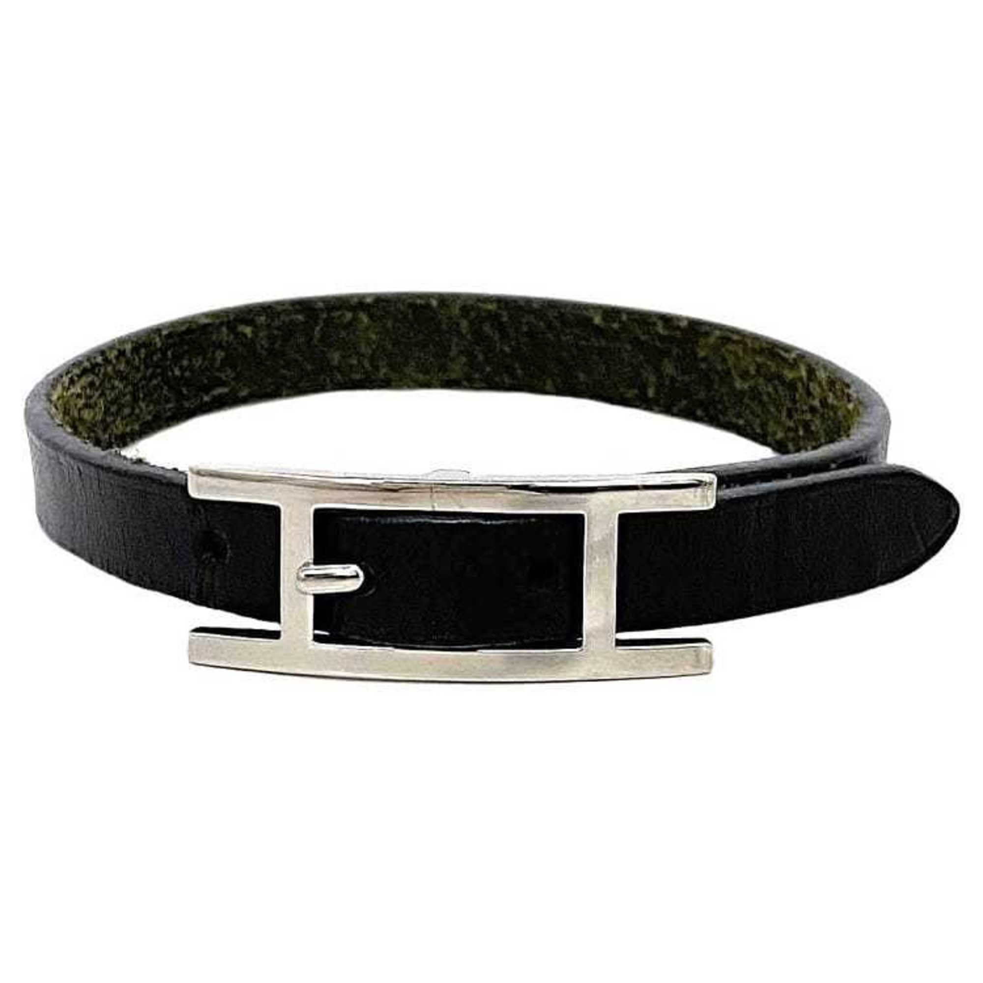 image of Hermes Bracelet Api 3 Black Silver Leather Metal Hermes Belt Women's