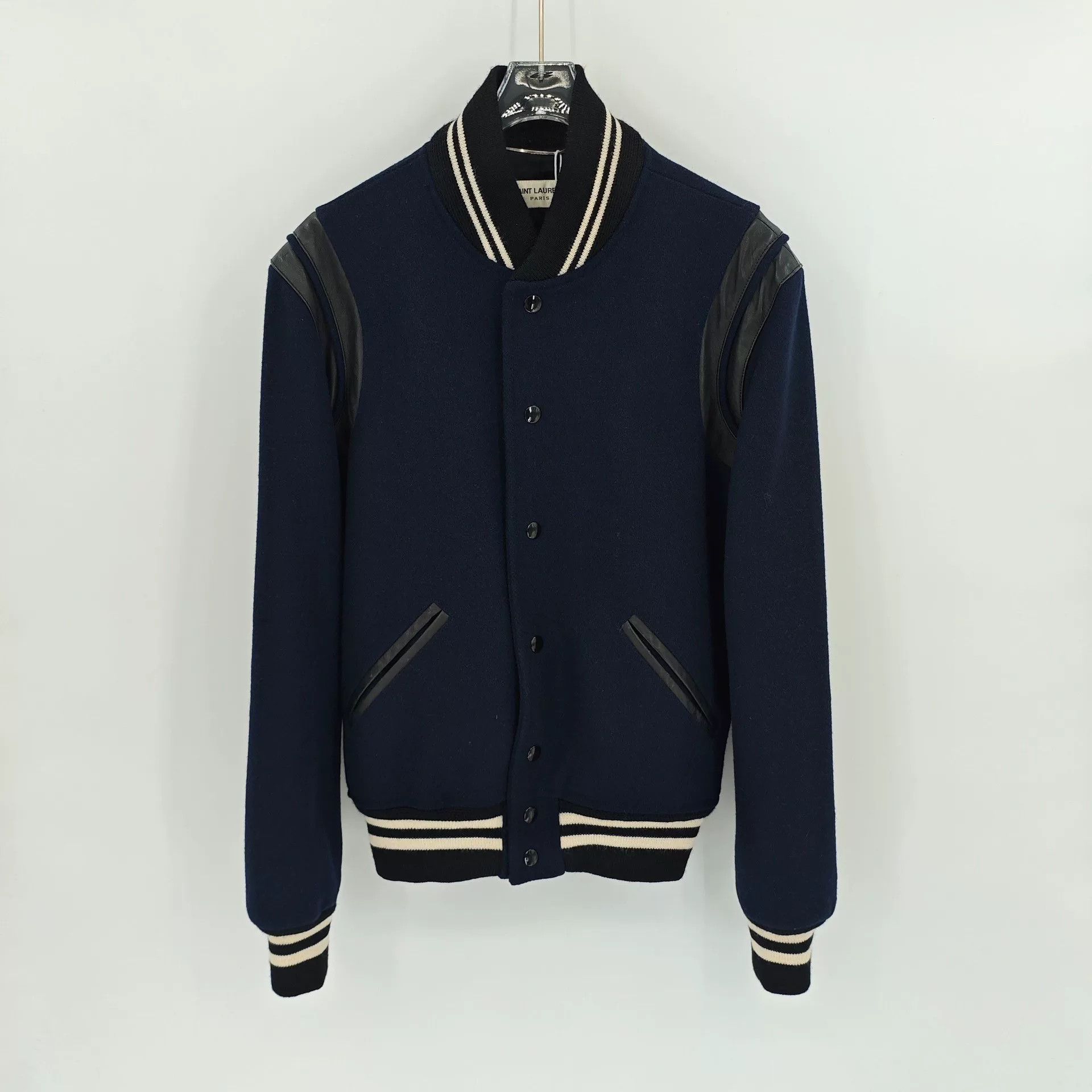 Saint Laurent Paris Saint Laurent Dark Blue Leather Sleeve Jacket Size US S / EU 44-46 / 1 - 1 Thumbnail