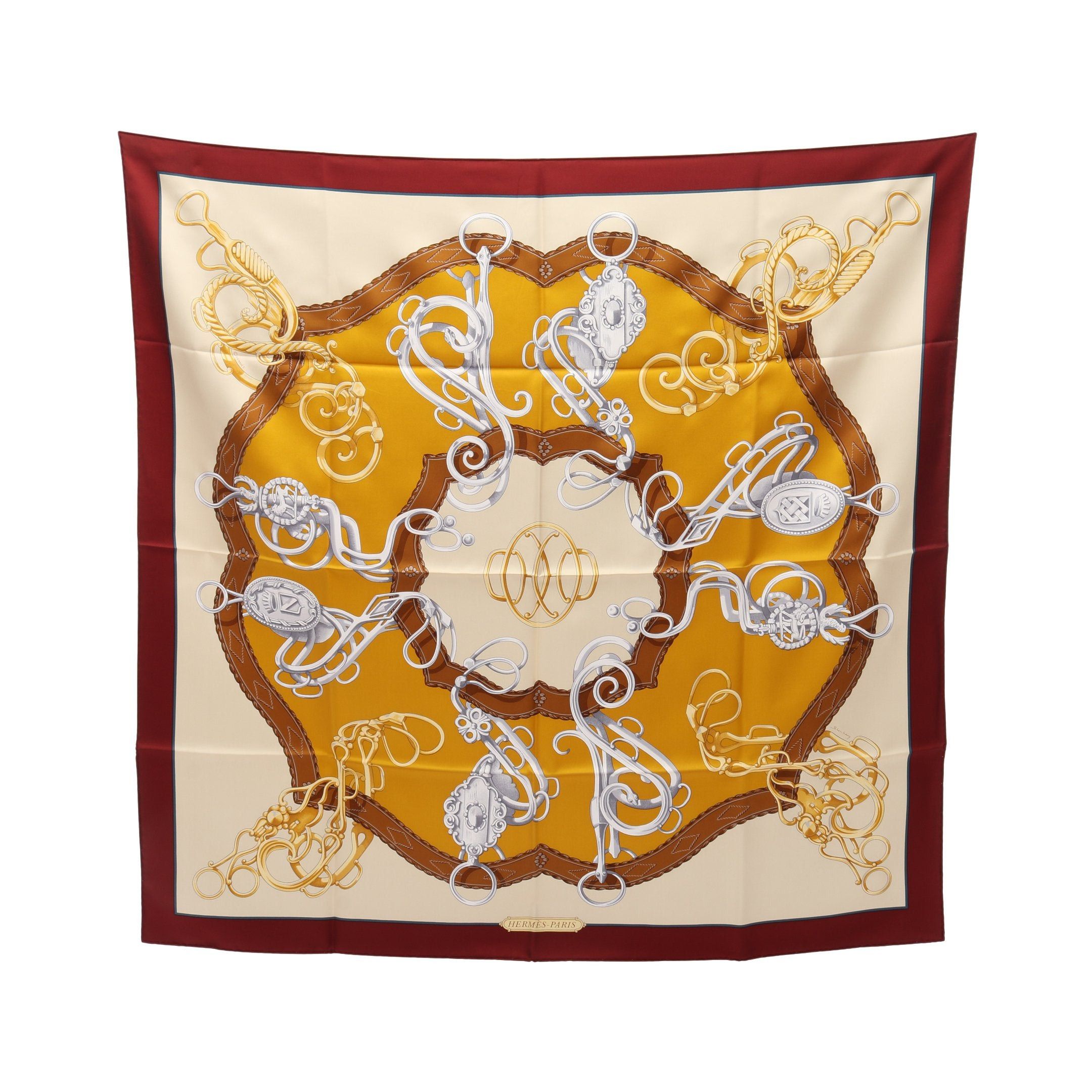 Hermes Hermes Carres 90 Lift Profile Scarf Silk Beige Burgundy Multicolor Size ONE SIZE - 1 Thumbnail