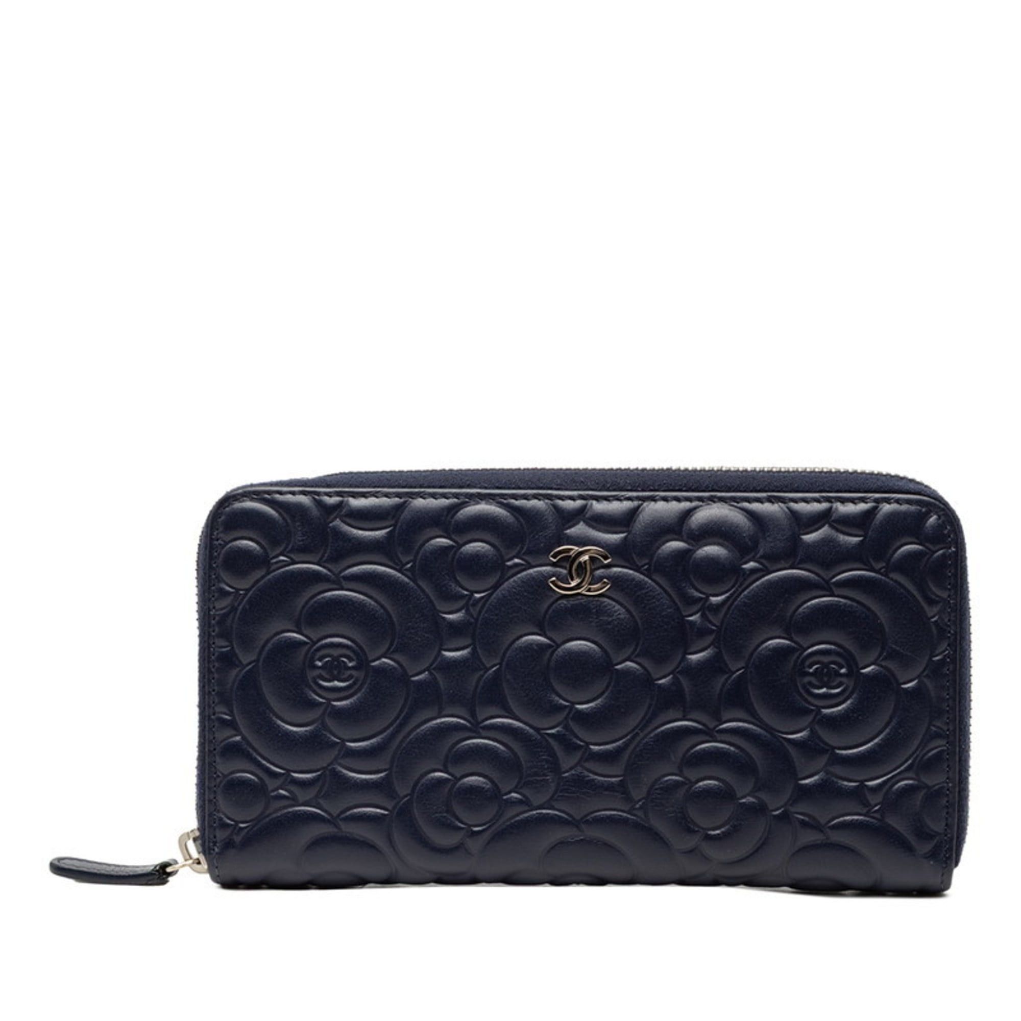 CHANEL Camellia Coco Mark Long Wallet with Round Zipper Navy Leather Women's