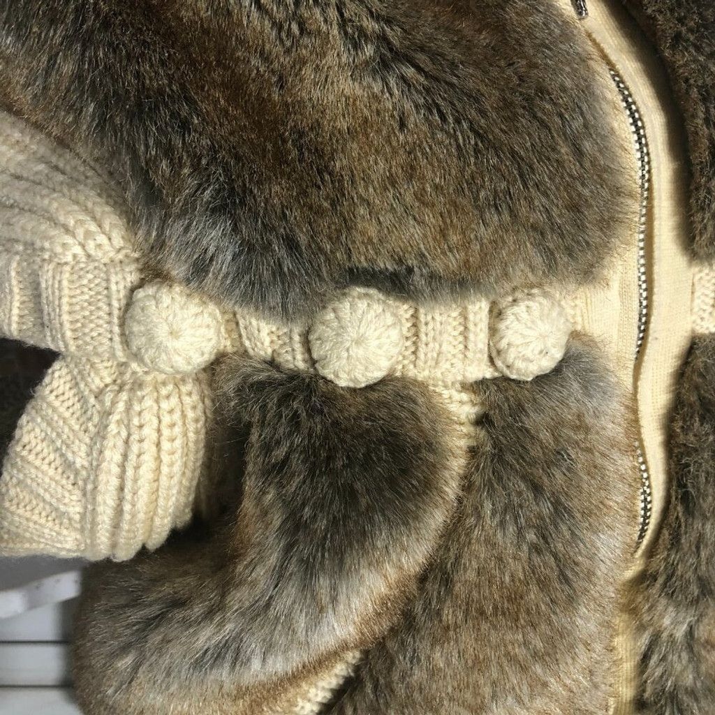 Vintage 90s Y2K Faux Fur vest wool brown beige cable knit w/ hood S Size S / US 4 / IT 40 - 5 Thumbnail