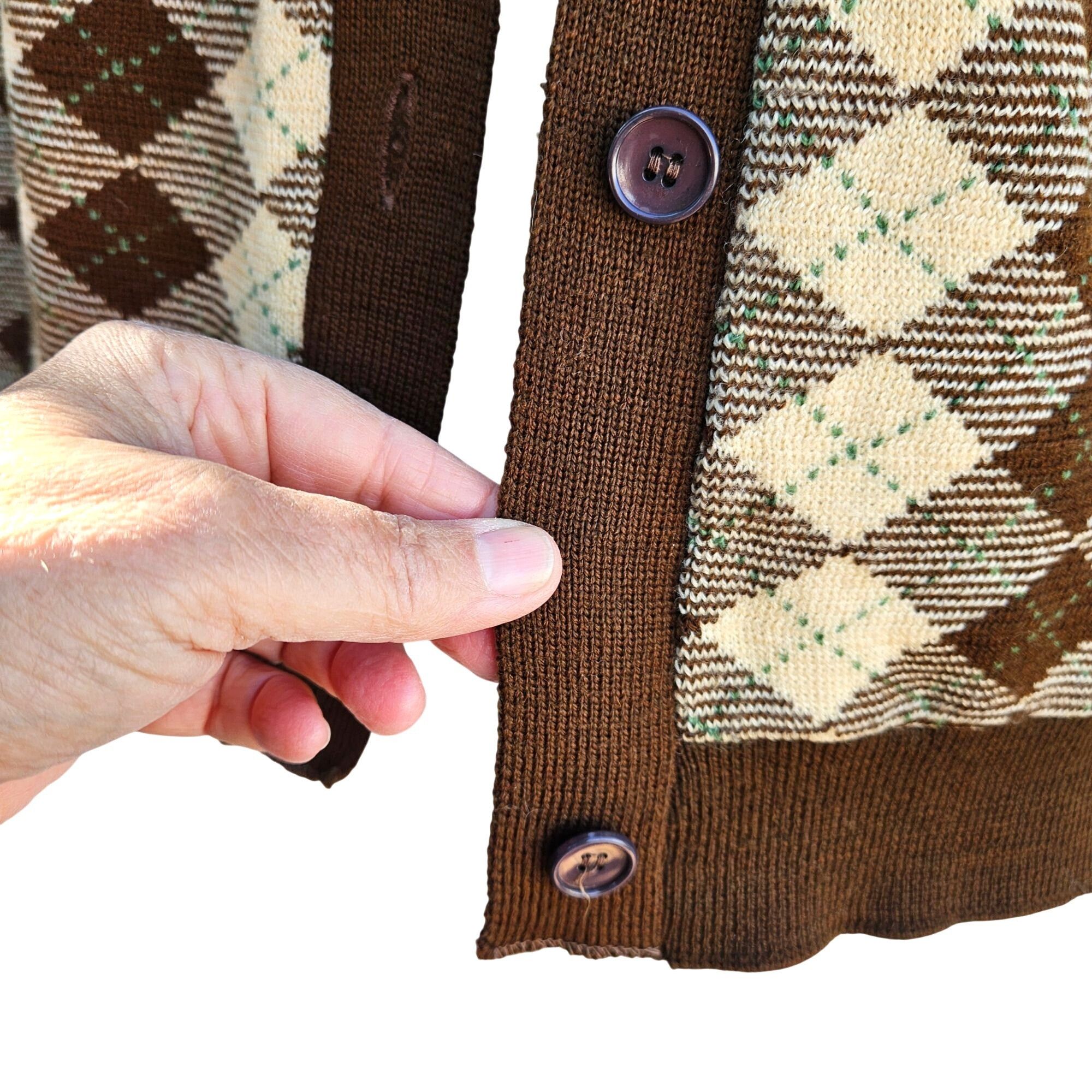 Vintage 1970s Japan Knit Cardigan XS Argyle Brown Cream V-Neck Butto Size XXS / US 00 / IT 34 - 4 Thumbnail