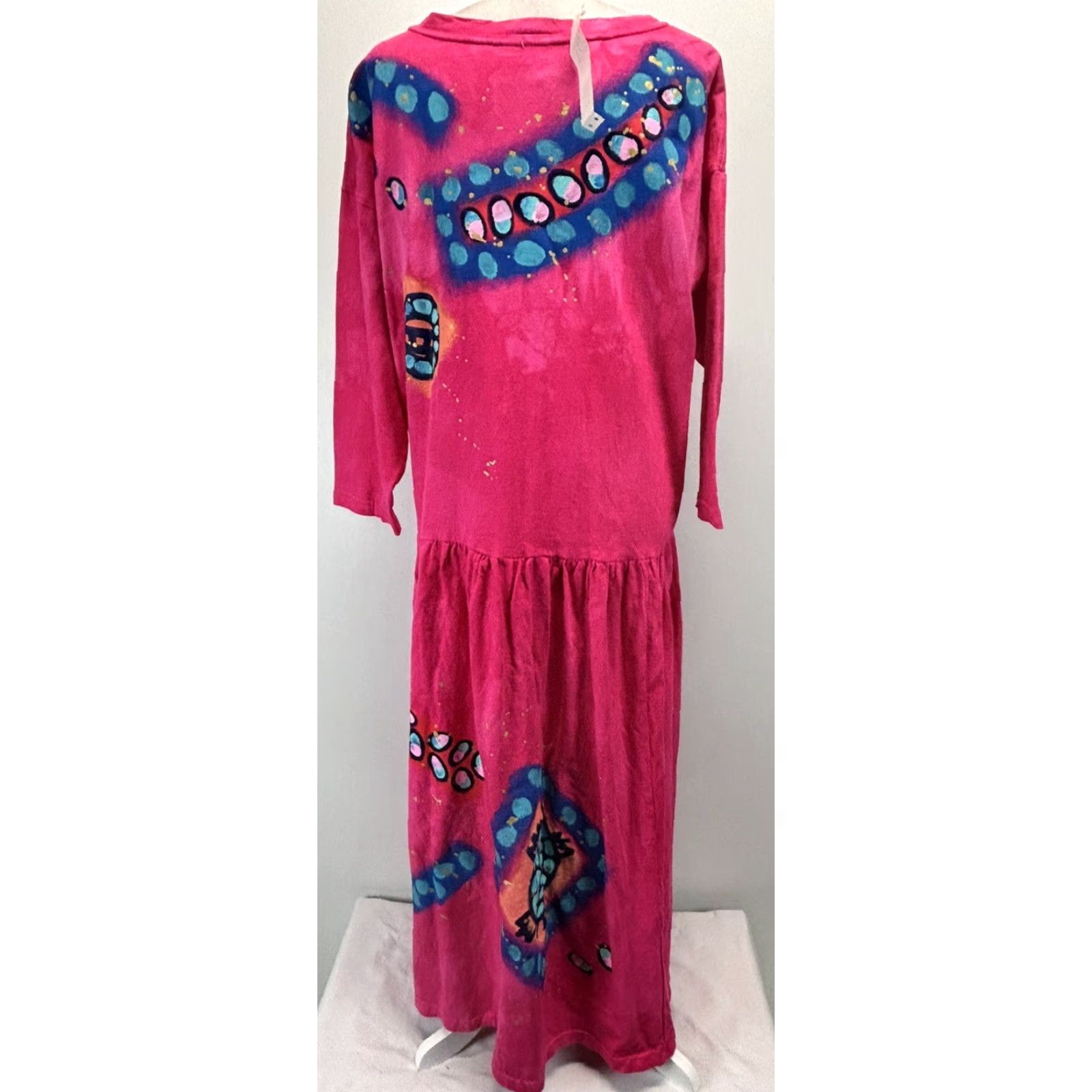 Pinko Vtg Kidra Art wear Dress XL Painted Turtle Made USA Pockets Cotton Midi Pink Size XL / US 12-14 / IT 48-50 - 3 Thumbnail