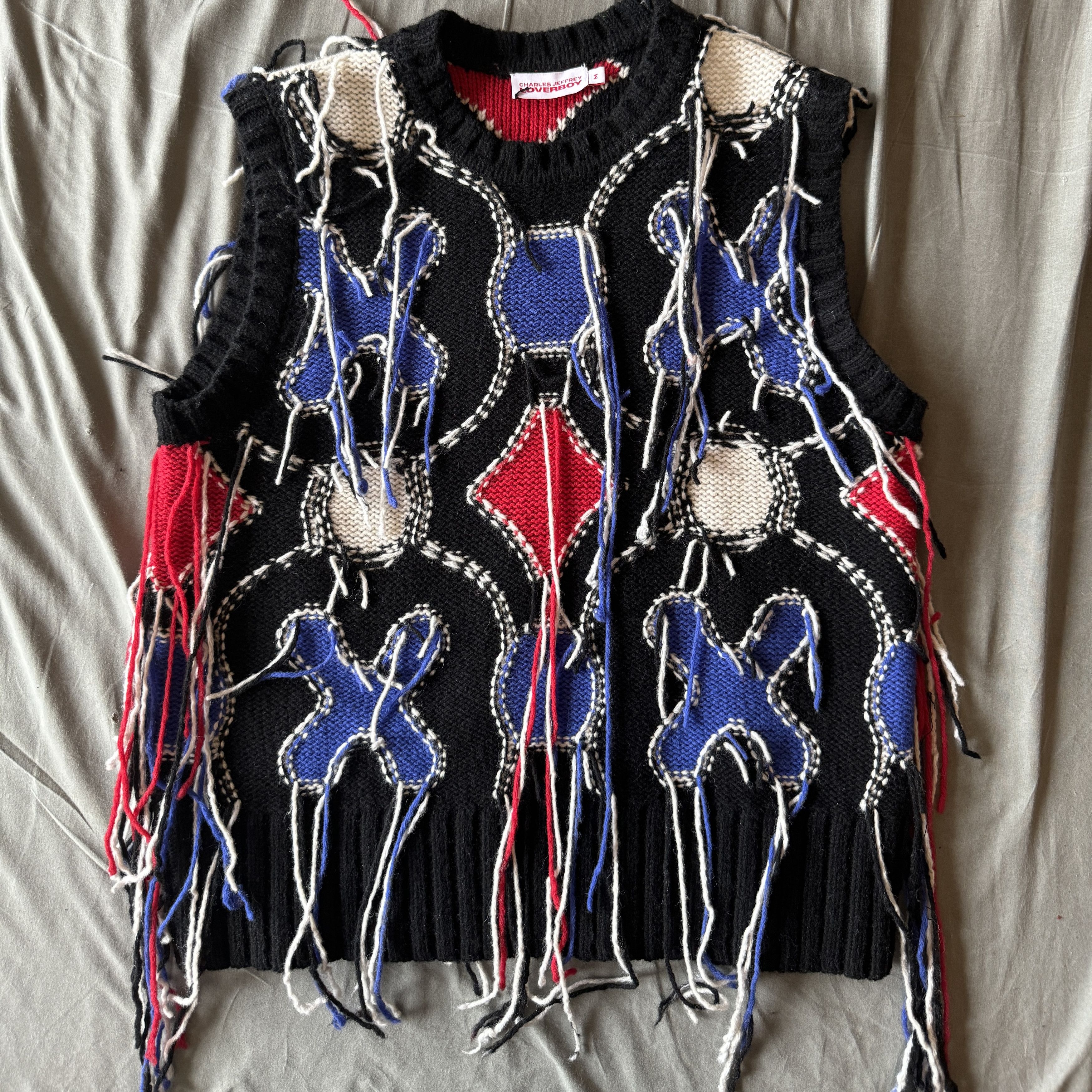 image of Charles Jeffrey Loverboy Guddle Tassel Intarsia-Knit Tank in Black/White/Red, Men's (Size Medium)