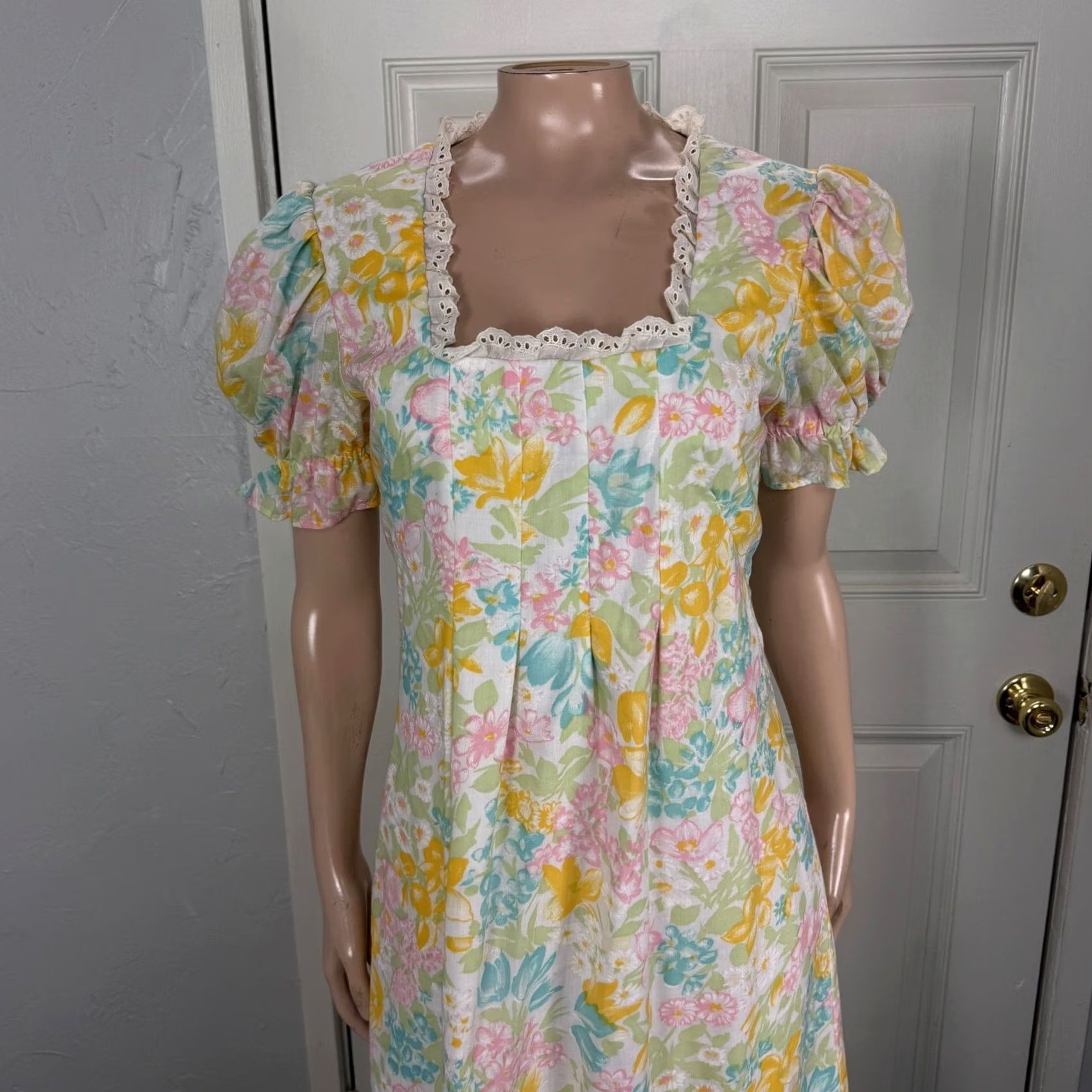 Vintage VINTAGE Handmade Women's Dress Floral Cotton Prairie Lace Cottage 70s Tea Dress Bohemian Yellow One Size Regular Dress Women Size ONE SIZE - 2 Thumbnail