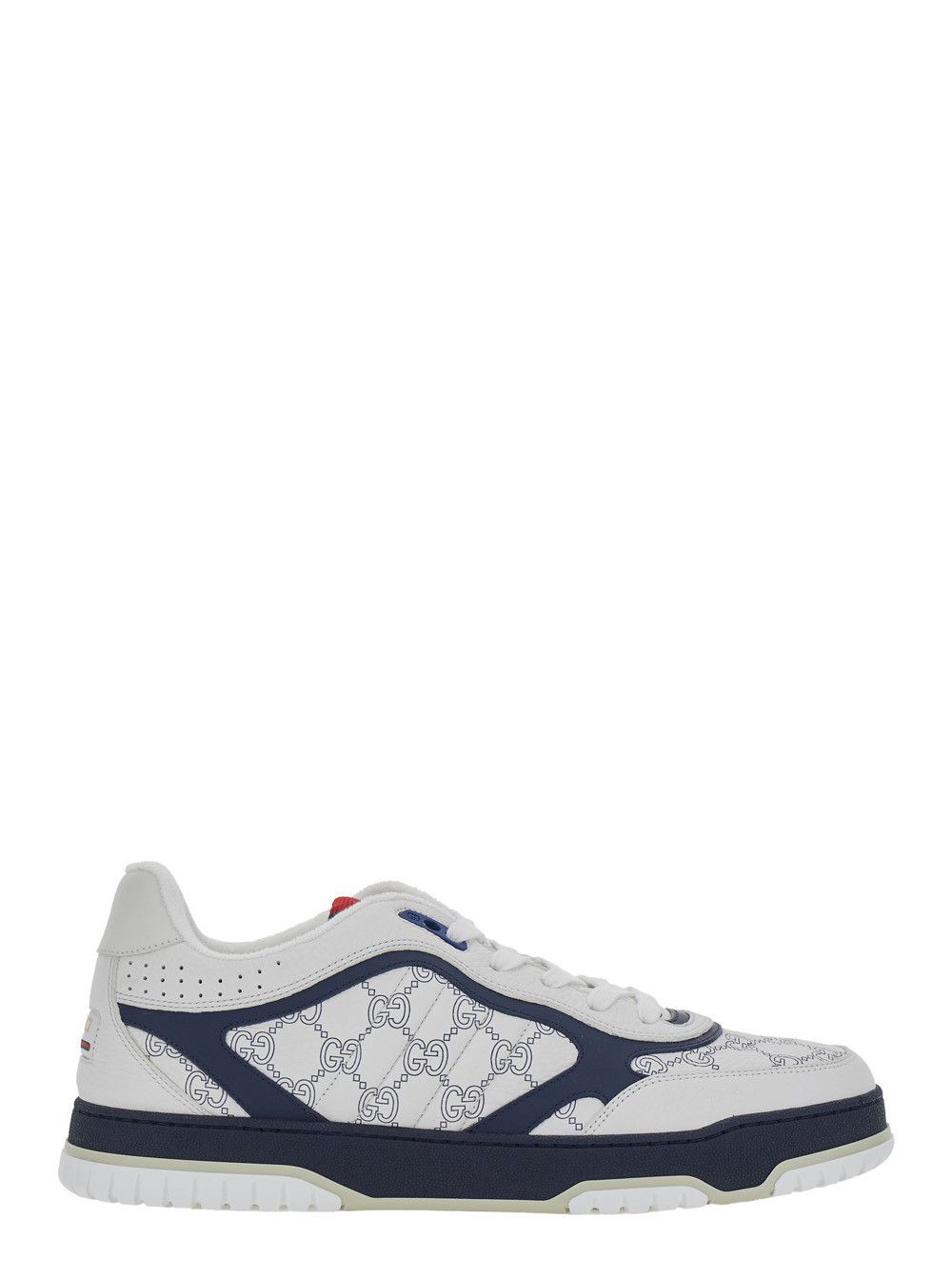 'Re-Web' White Low Top Sneakers with Web Tongue and All-Over GG Motif in Leather Man
