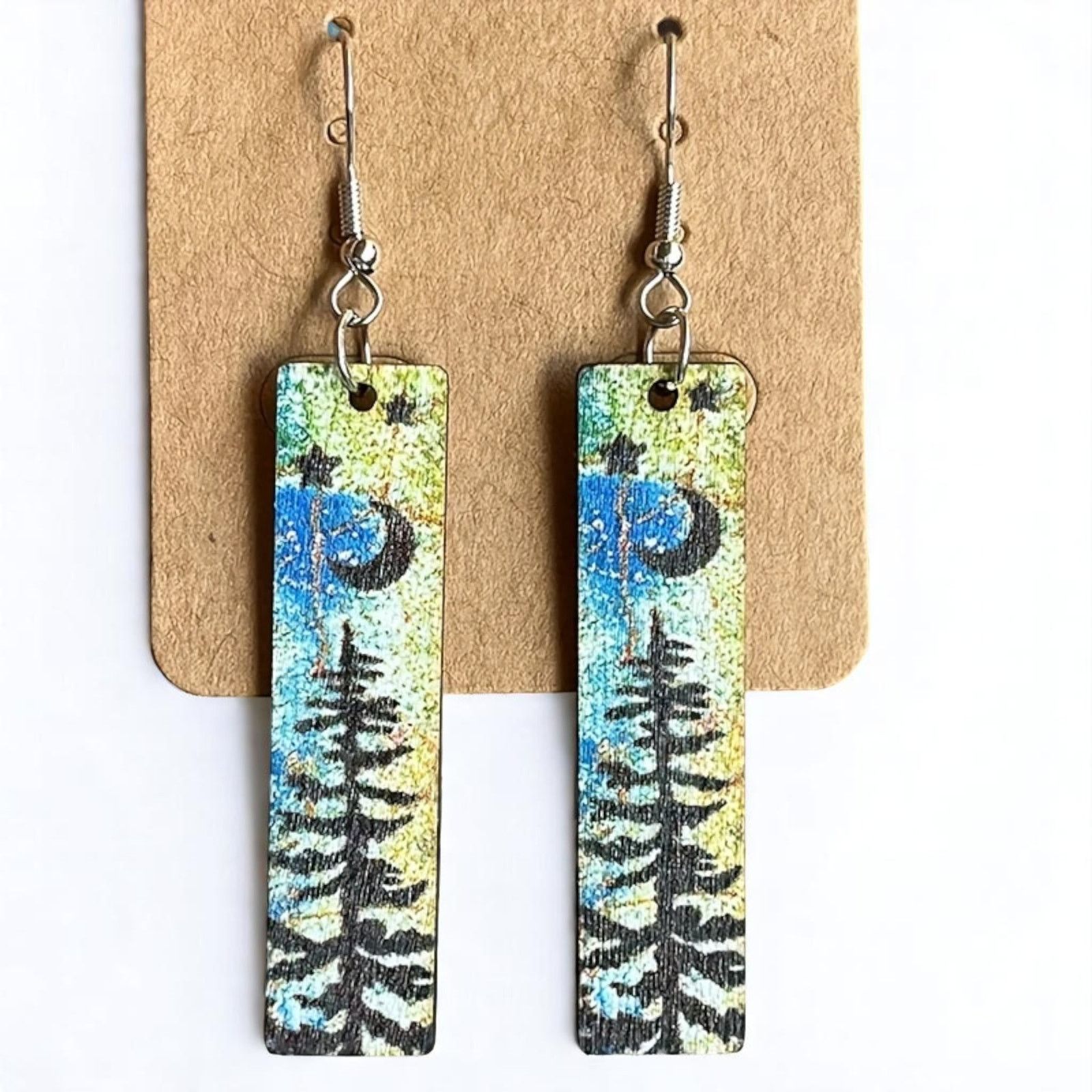Other Wooden Mountain Scene Earrings Pine Tree Moon Blue Yellow Size ONE SIZE - 1 Thumbnail