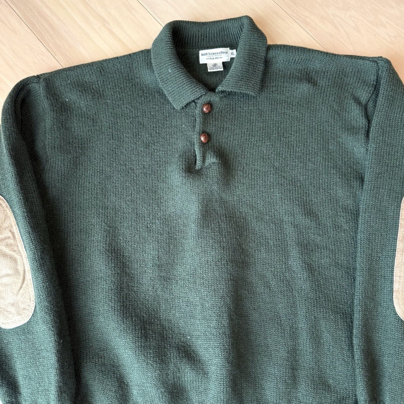 Abercrombie & Fitch VINTAGE Abercrombie & Fitch Wool Sweater XL Green Collared Pullover Men Regular Knit Solid Logo Elbow Pads 90s Hip Hop USA Bars Size US XL / EU 56 / 4 - 3 Thumbnail
