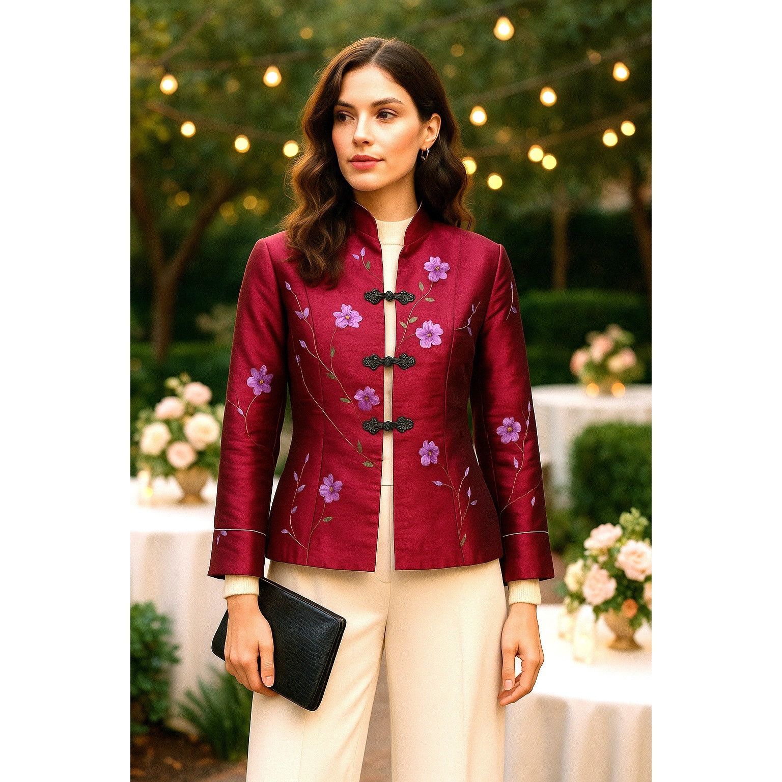 Other Zi Qing Ge Embroidered Floral Chinese Style Jacket Wine Purp Size L / US 10 / IT 46 - 1 Thumbnail