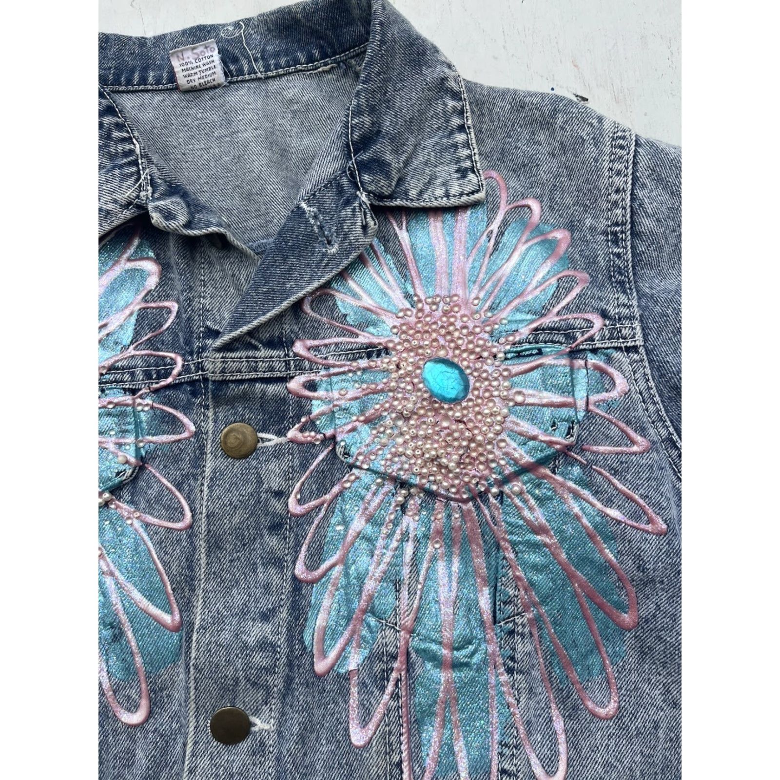 Denime Women's Bon Bon Jacket Denim 14 Blue 80s Retro Whimisgoth Vintage Jacket Bon Bon Denim Solid Blue Rock 80s Mens? Women? Size XL / US 12-14 / IT 48-50 - 3 Thumbnail
