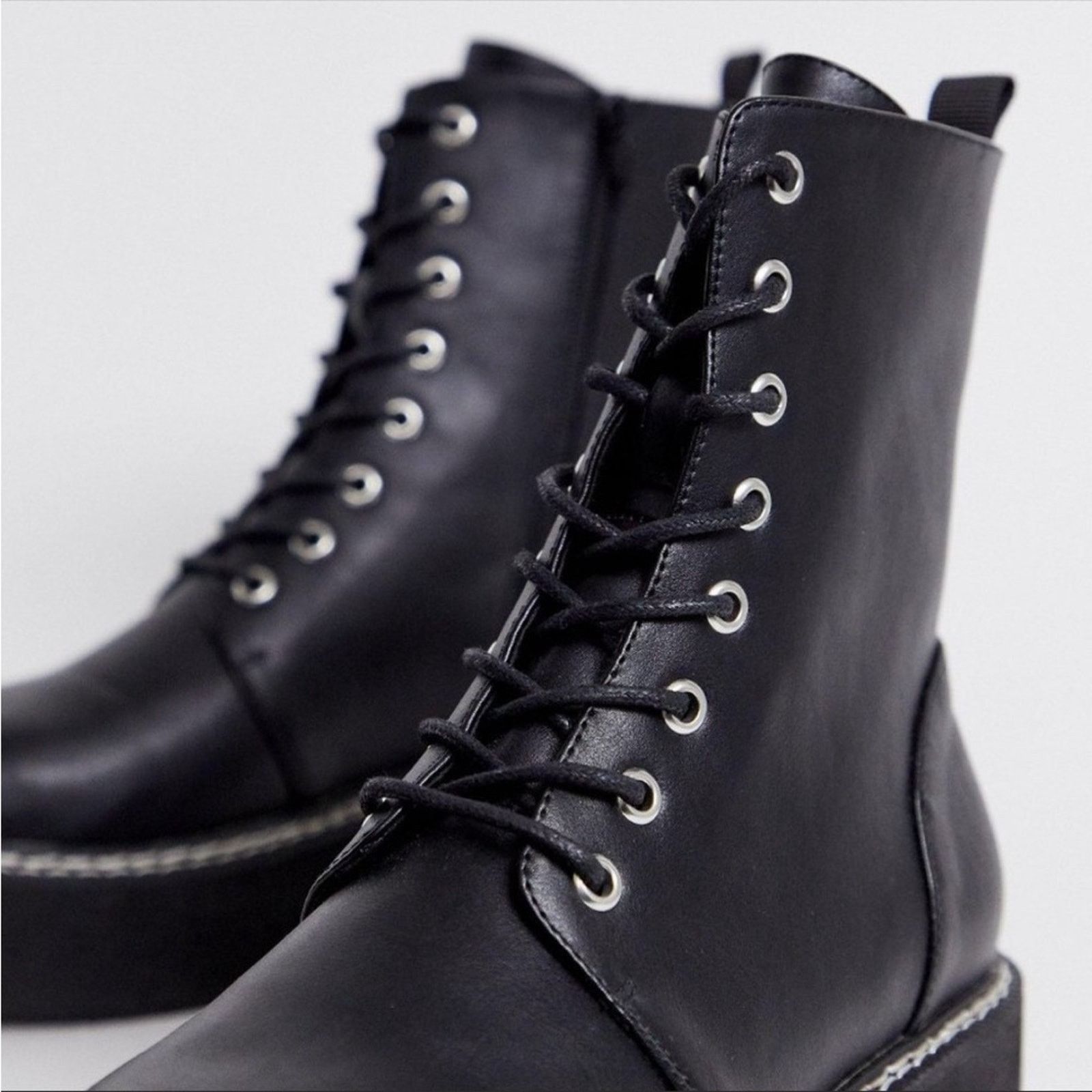 Asos ASOS Black Lug Platform Heel Lace Up Moto Combat Ankle Boots Size US 9 / IT 39 - 3 Thumbnail