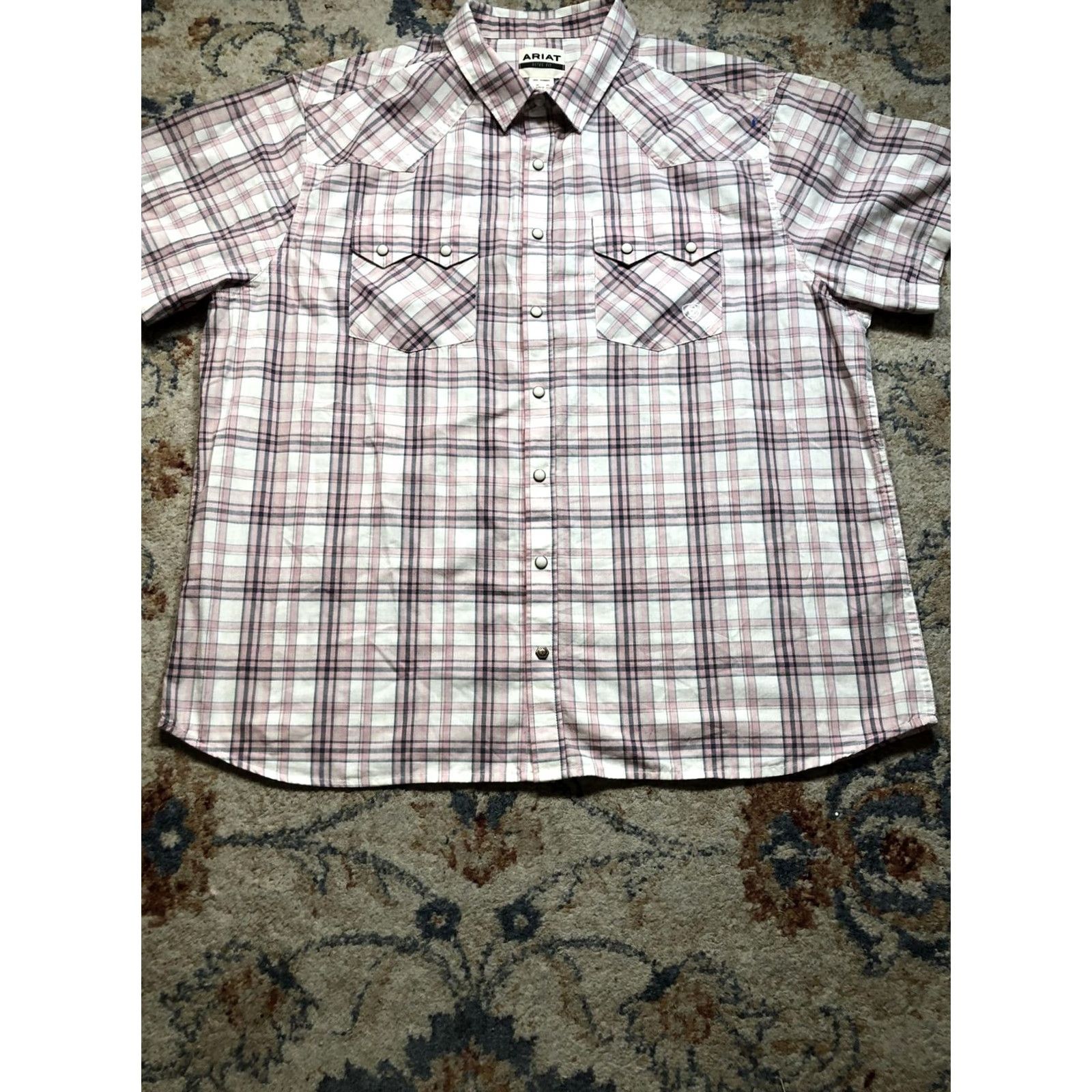 Ariat Ariat Shirt Mens 2XL Pink White Plaid Retro Fit Short Sleeve Western Pearl Snap Shirt Size US XXL / EU 58 / 5 - 5 Thumbnail