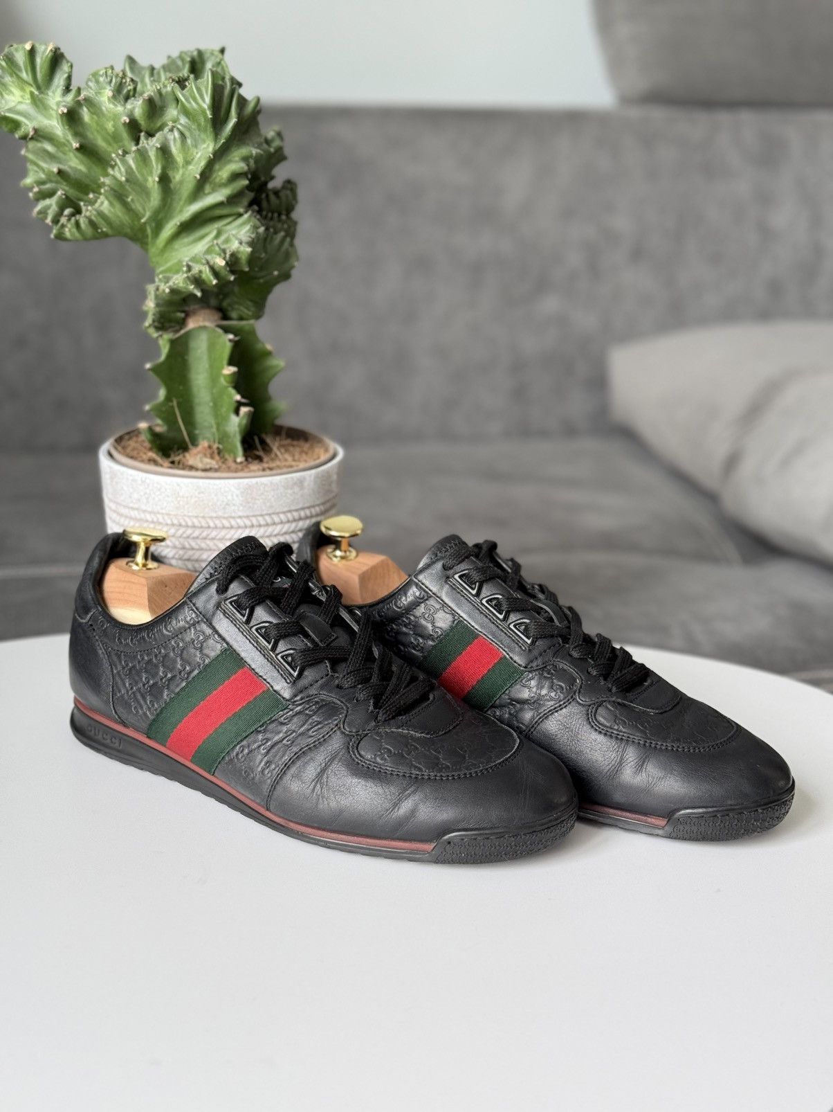 Gucci Gucci Black GG Guccissima Leather Sneakers Stripe Low Top Size US 10 / IT 40 - 4 Thumbnail