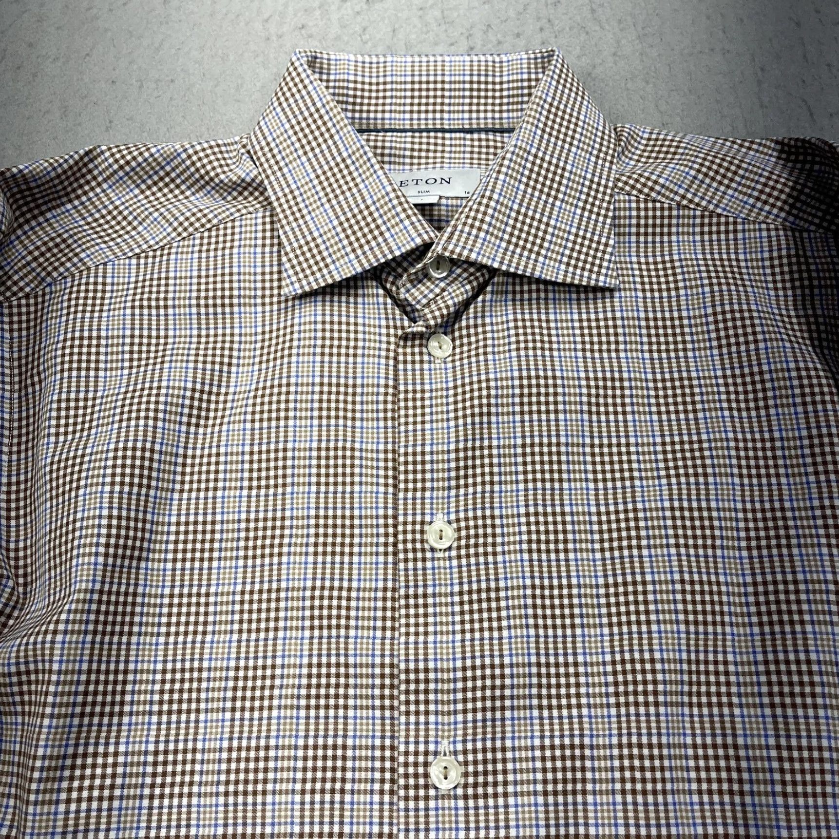 Eton Eton Shirt Mens 16 41 L Brown Blue Gingham Slim Cotton Button Down Dress Shirt Size 42R - 2 Thumbnail