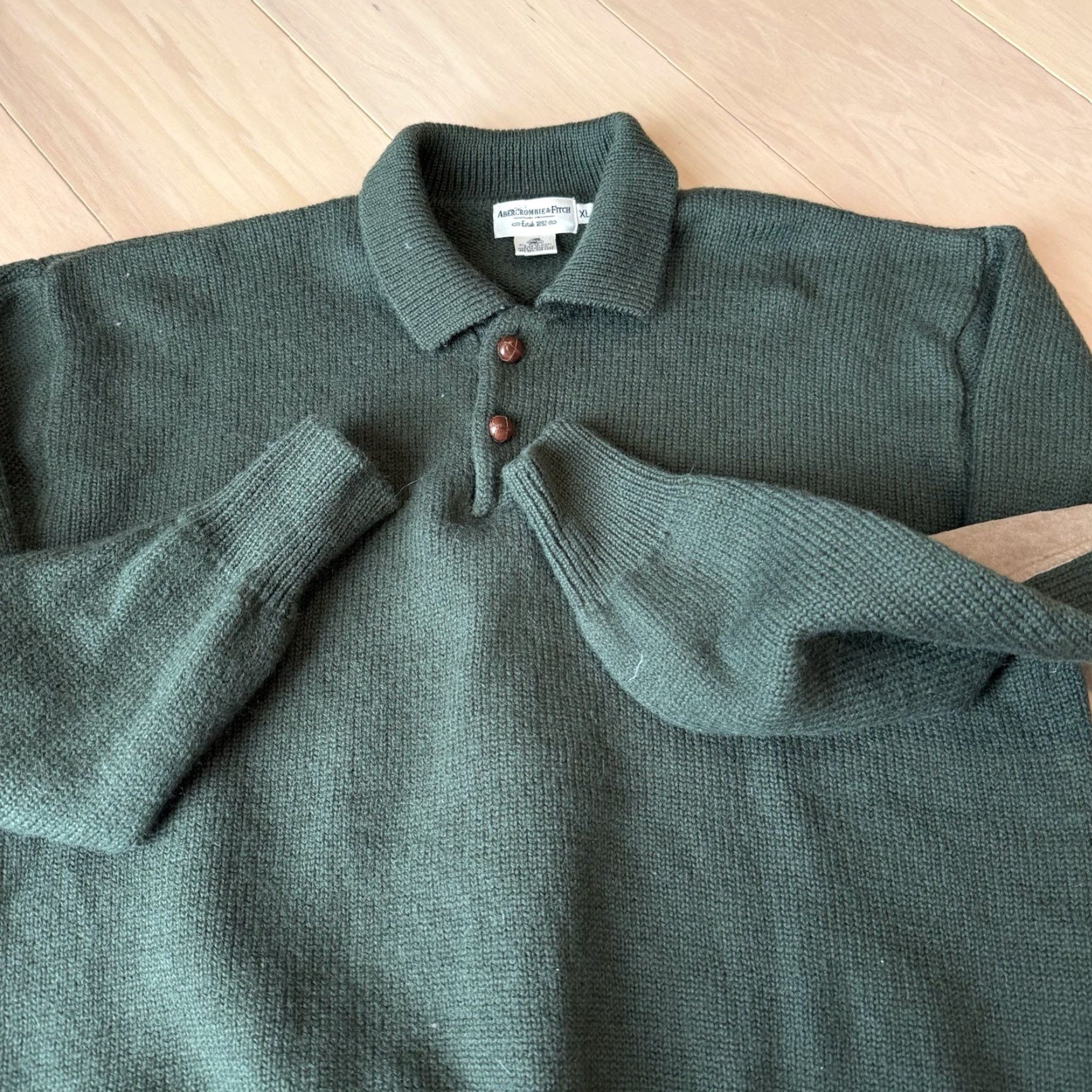 Abercrombie & Fitch VINTAGE Abercrombie & Fitch Wool Sweater XL Green Collared Pullover Men Regular Knit Solid Logo Elbow Pads 90s Hip Hop USA Bars Size US XL / EU 56 / 4 - 4 Thumbnail