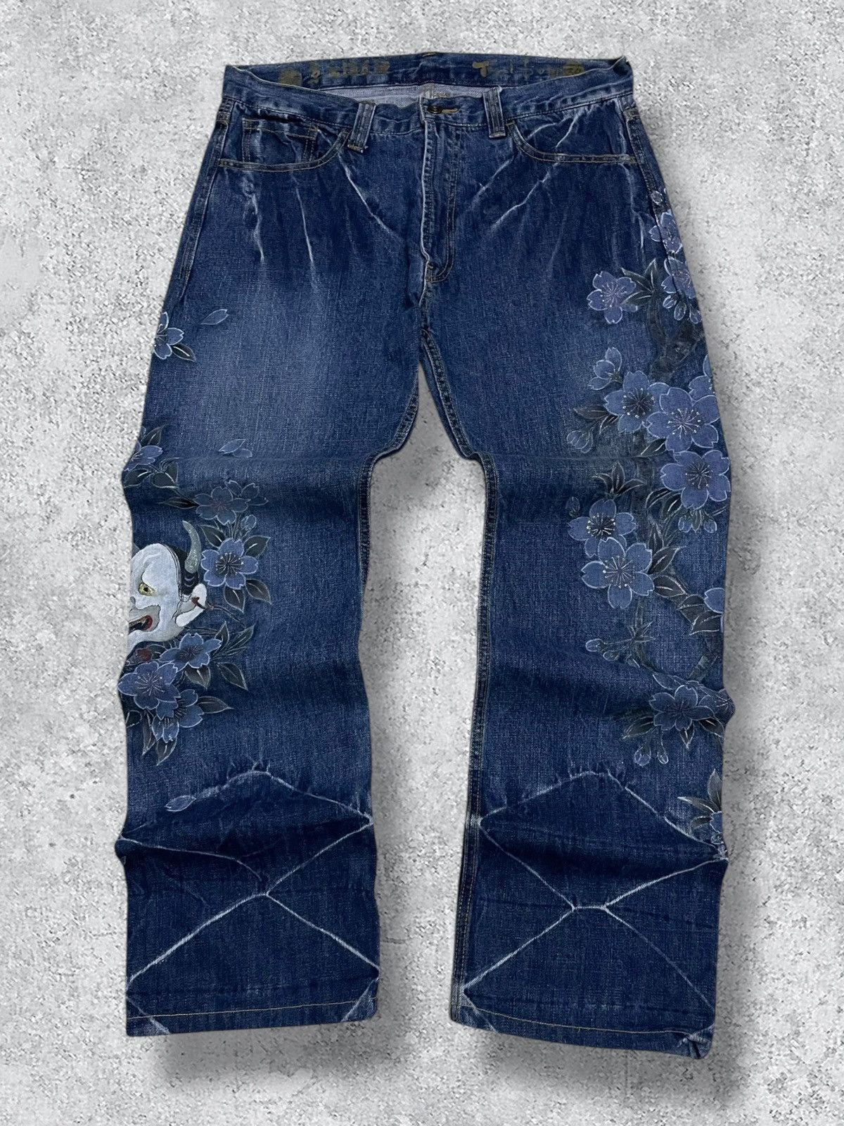 Beauty Beast Vintage Japan 90’s Karakuri Tamashi Satanic Face Jeans Size US 34 / EU 50 - 1 Thumbnail