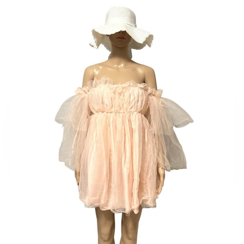 Designer Peach Mini Dress with Puff Sleeves Size M / US 6-8 / IT 42-44 - 1 Thumbnail