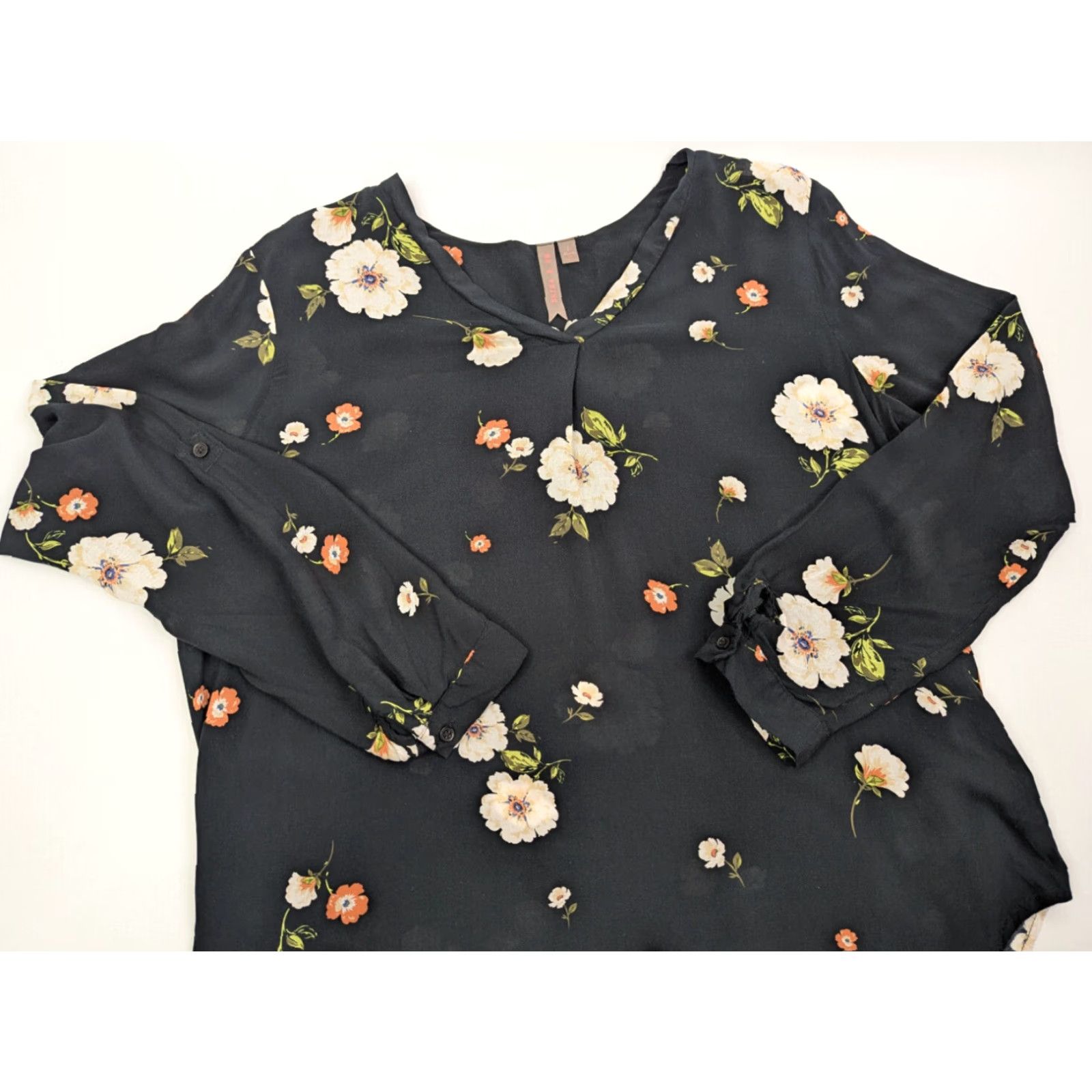 Vintage Brina & EM Blouse Shirt Floral Long Sleeve V-Neck Women's Large Black Size L / US 10 / IT 46 - 2 Thumbnail