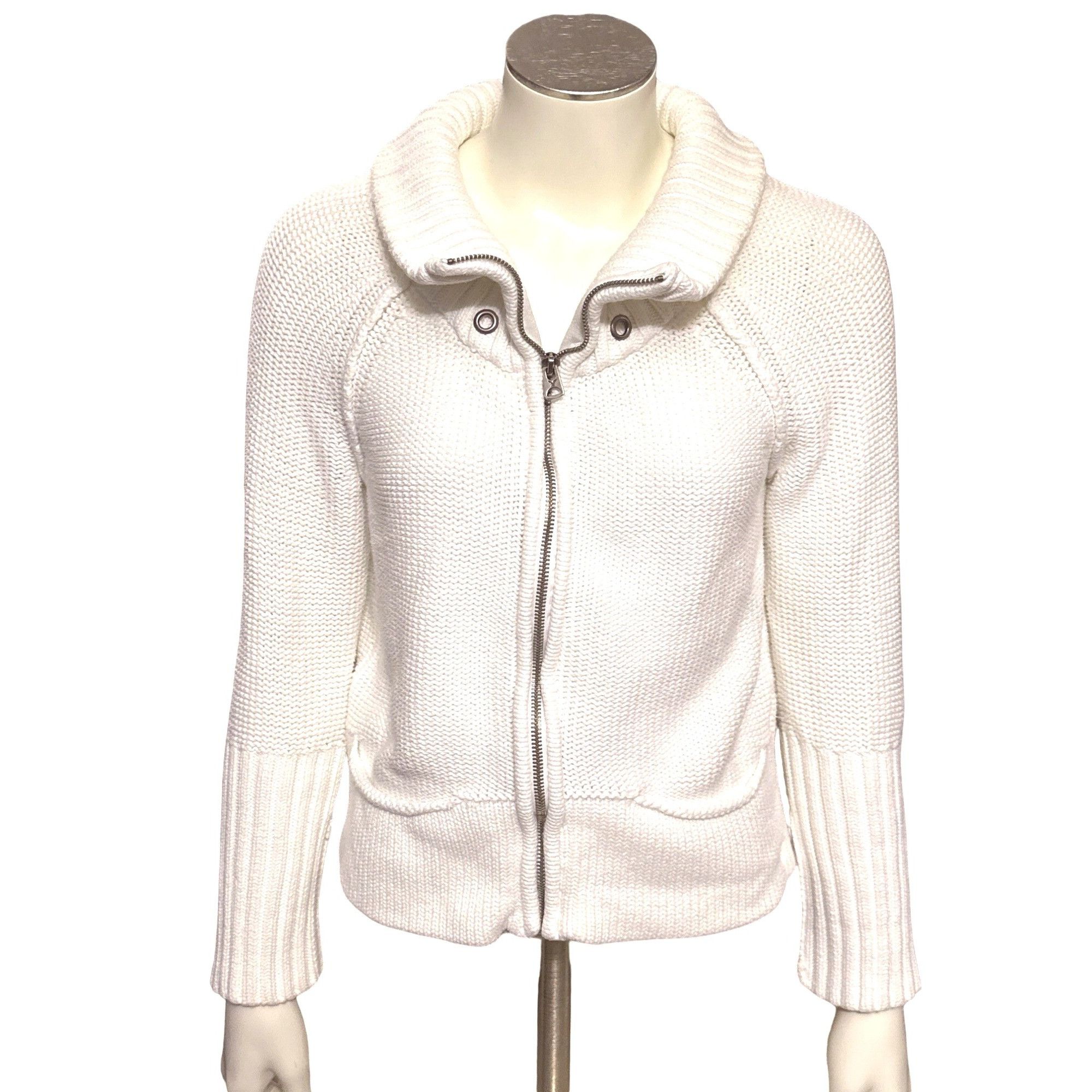 American Eagle Outfitters American Eagle Outfitters White Cotton Knit Zip Sweater With Size S / US 4 / IT 40 - 1 Thumbnail