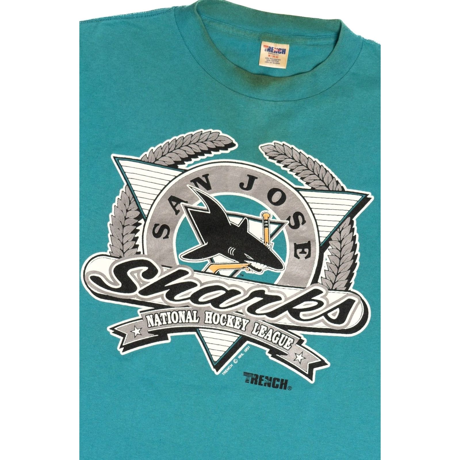 NHL VINTAGE San Jose Sharks NHL Hockey Single Stitch Trench T-Shirt 1990s Unisex Adults Medium Turquoise Blue Shirt Mens Womens Girls Boys Size US M / EU 48-50 / 2 - 2 Thumbnail
