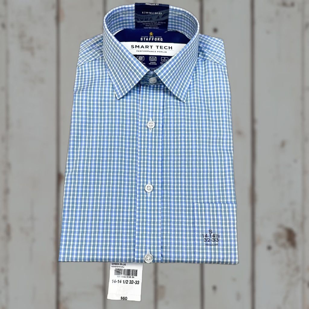 Stafford Stafford Mens Small Shirt Regular Fit Blue Green Gingham Cotton Blend Polyester Spandex Dress Long Sleeve Size US S / EU 44-46 / 1 - 1 Thumbnail