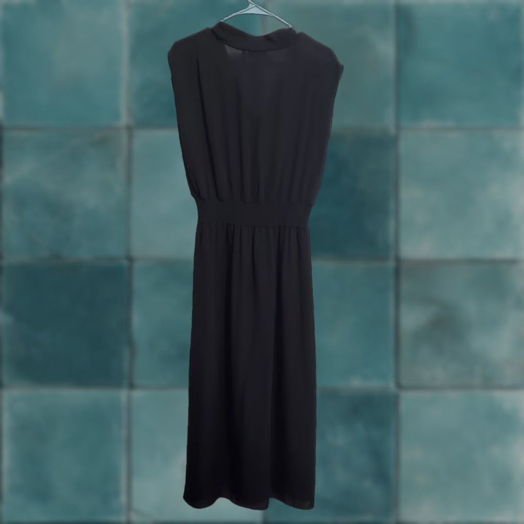 THEORY Midi Dress Women L Black Draped Surplice Short Sleeve 100% Silk Side  Slit Pullover Cap
