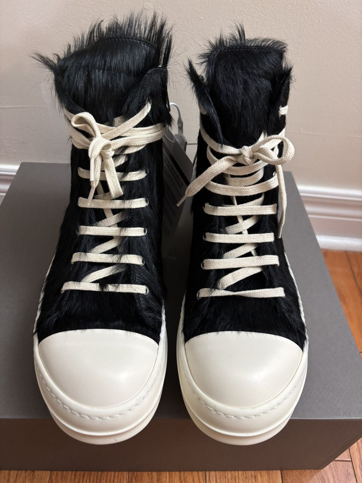 image of Rick Owens Sneakers In Black And Milk Long Hair Pony, Men's (Size 9)