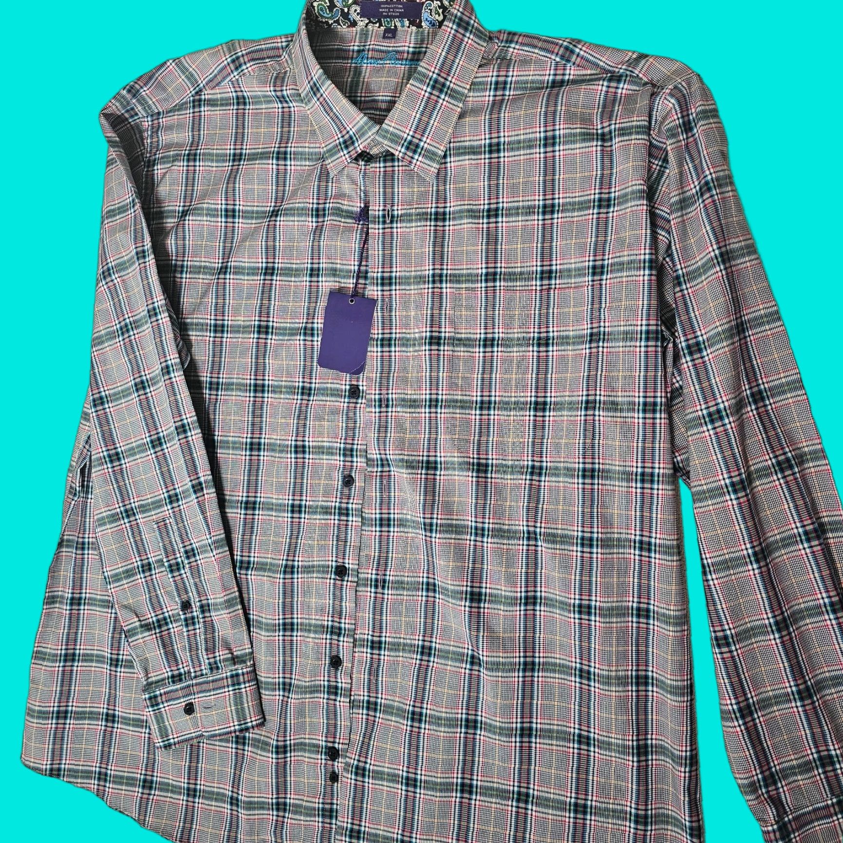 Vintage NWT Alan Flusser Shirt Button Down Long Sleeve Plaid Purple Cotton XL Flip Cuff Mens Size US XL / EU 56 / 4 - 1 Thumbnail